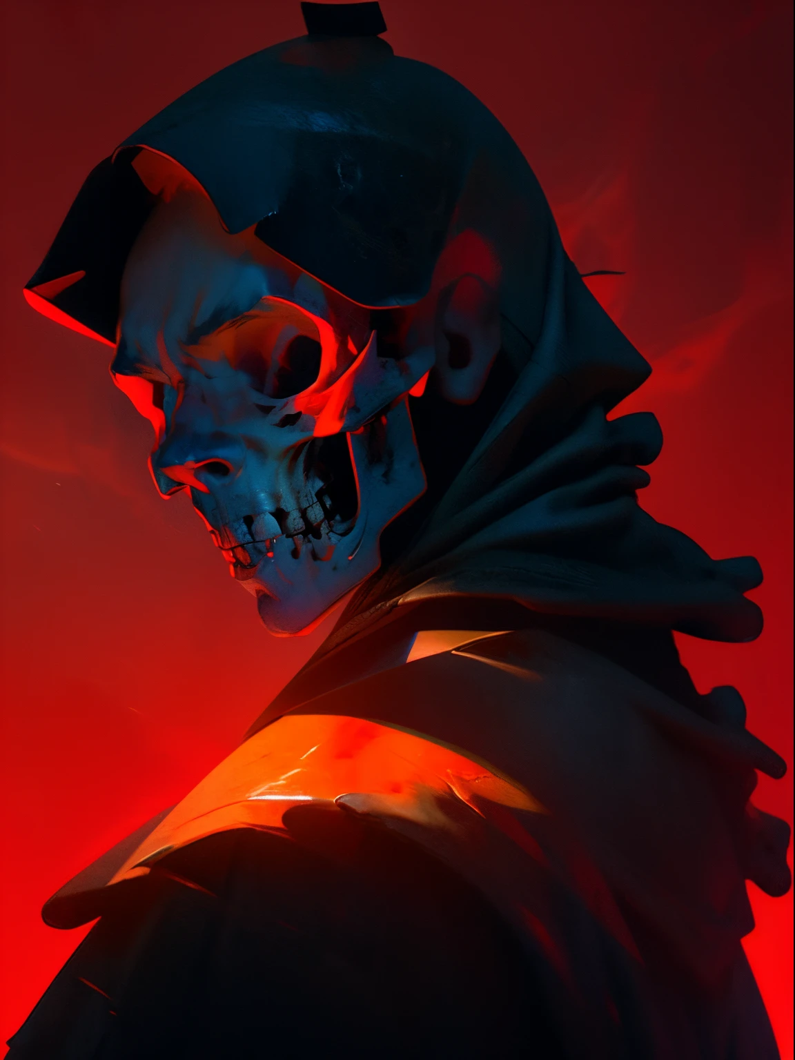 A man walking into a haunted house, frightened look, screaming man, ((Background: haunted house)), shooting from the front, (((evil))), ((skull face)), (red colored background), horror movie, dreary, magnificent, fog, low key, at night, (RAW photo, 4K, Realistic, Exquisitely Detailed Skin), Masterpiece, Best quality, offcial art, Unity 8k wallpaper, Ultra detailed,(Soft lighting), Cinematic light,