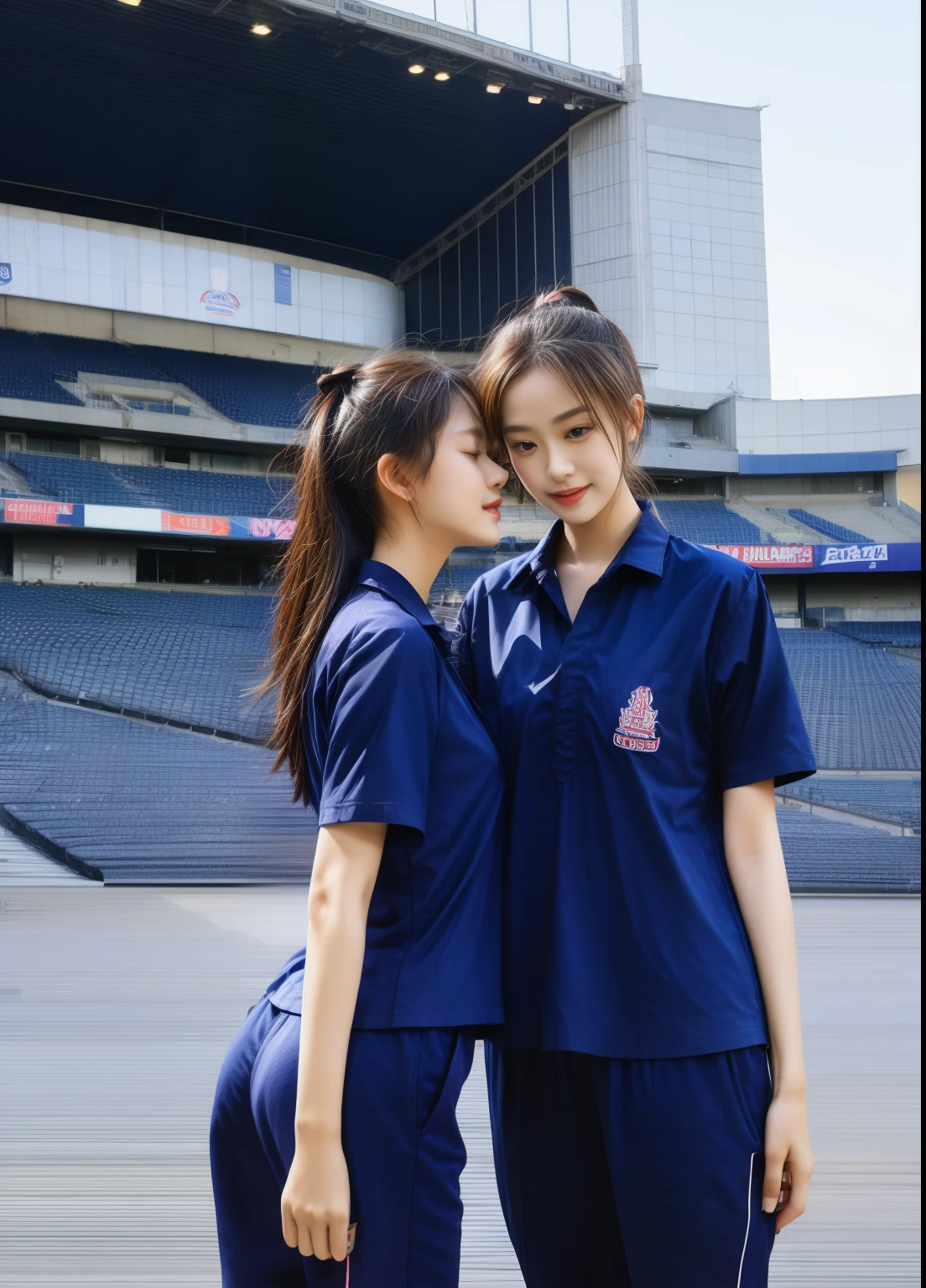 (bestquality,10,10,highres,masterpiece:1.2),ultra-detail,(Realistic,photorealistic portrait,photo-realistic:1.37),1 Cute girl in the football field,oily shiny skin,bara,light smile,BDclothes,((blue shirt:1.3)),short sleeves,shirt, trousers.,(navy_long_Pants Track:1.1), ((Stadium Background:1.3)),dynamic angle,excited,face focus,Dynamic Poses,from behide,Ass Focus,masterpiece, bestquality, ultra realistic, hyper-detail, 8k resolution, RAW photo, crisp focus, ((Navy blue shirt:1.1)), short sleeves, Long Path, Perfect body, 2 mature women, 18yo, cinematic light,Blue sweatpants,Gymware,Correct anatomy,Complete body, Correct body, sharp face, Anatomically correct body, full entire body, Realistic gestures, long-haired, Realistic poses,Wear long shorts..................,Long leg span,Shapely,Sculpting Girl, Slender Figure, mannequin mannequins, Shapely, Beautiful body,Blue sweatpants, Two girls kissing