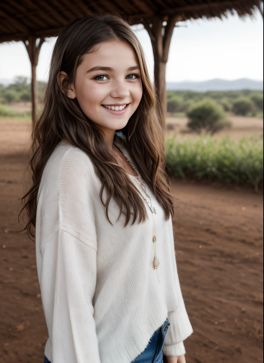 8k, highest quality, ultra details, young Afrikaner girl, village idol, radiant smile, capturing the hearts of the community with her innocence and charm.