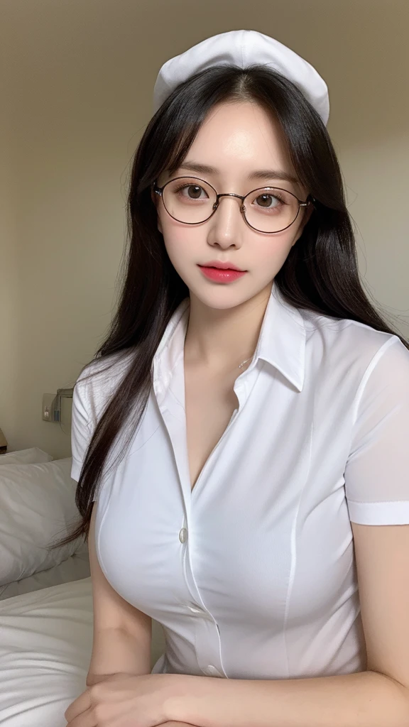 (realistic, high resolution:1.3), 1 girl with perfect figure,thin round glasses, light on face, pale white skin,looking at viewers, super fine face and eyes, long hair, White police uniform, small white nurse (cap), transparent shirt, open shirt, in bedroom, sit on the bed, massive breasts, exposed cleavage