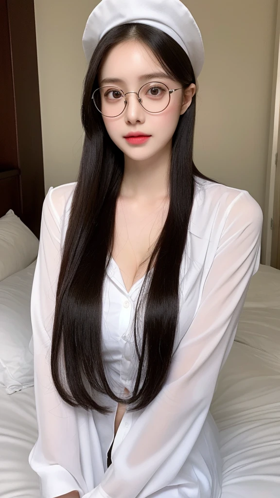 (realistic, high resolution:1.3), 1 girl with perfect figure,thin round glasses, light on face, pale white skin,looking at viewers, super fine face and eyes, long hair, White police uniform, small white nurse (cap), transparent shirt, open shirt, in bedroom, sit on the bed, massive breasts, exposed cleavage