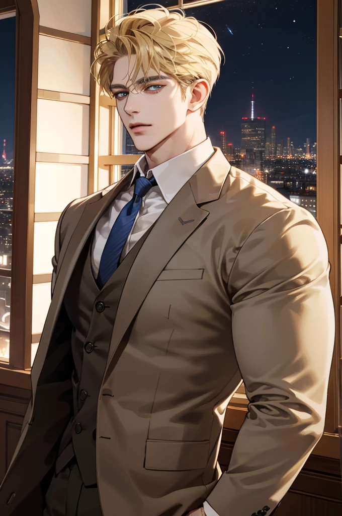 (modern day, k hd, ultra - detailed), (1male people, solo person, AS-Adult,   mature:1.4, Idade:1.4, 年轻, Tall muscular man, Handsome), Very short hair, blond color hair, Hair oil, with blue eye,(Pointed chin:1.4,Thick neck:1.4,),the night,Dark,Look at the night view of the city through the large window,brown suit,tiese,full bodyesbian,luxury goods，luxury goods，