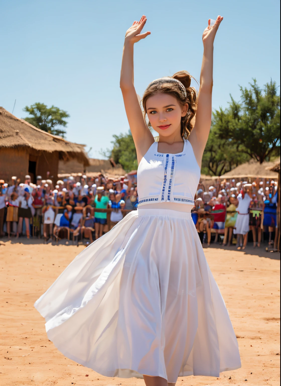 8k, highest quality, ultra details, young Afrikaner girl, village idol, dancing with grace and precision, mesmerizing the spectators with her rhythmic movements.