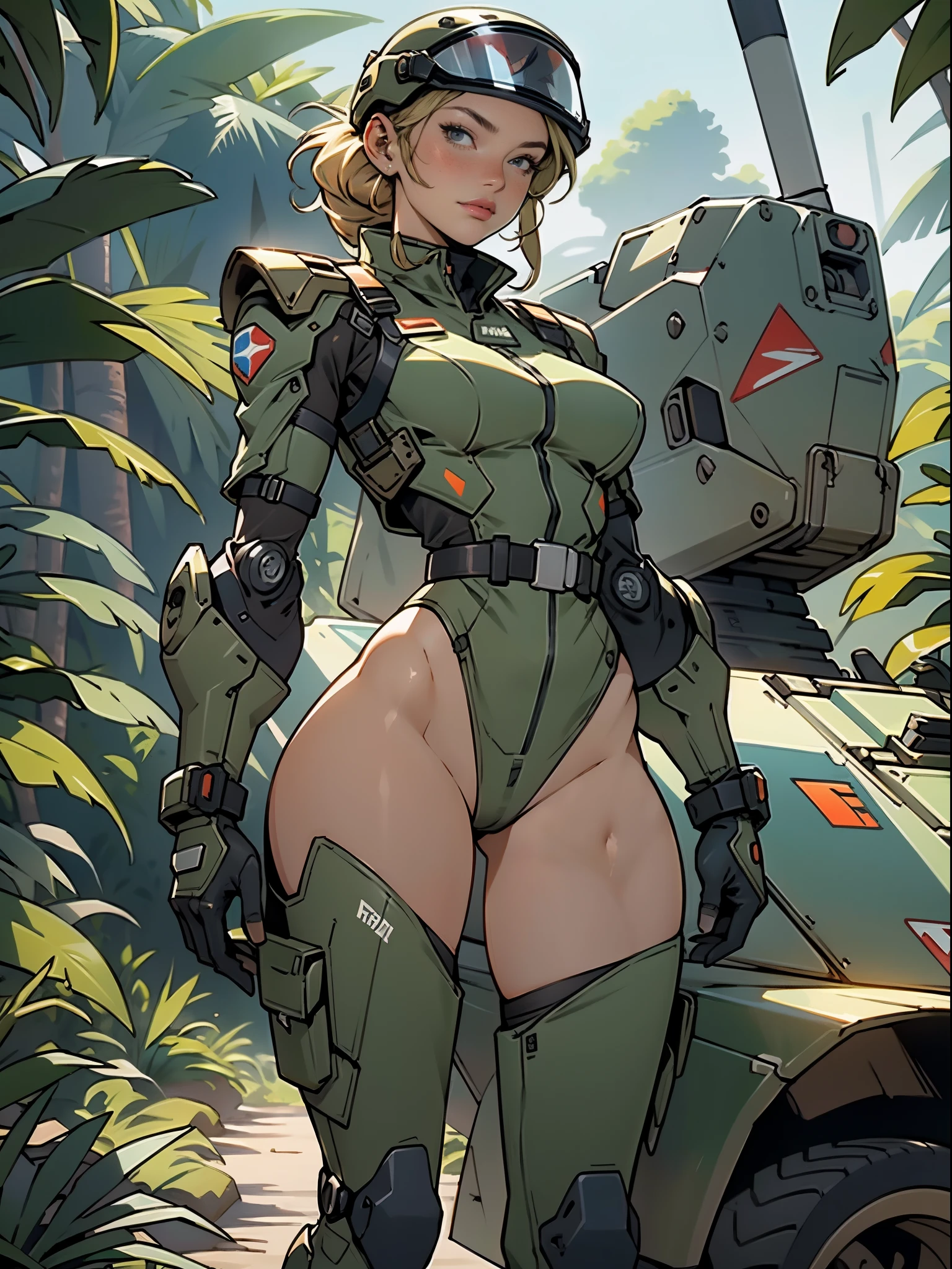 1woman 20 years old, sculpted, military, wearing a soldier helmet, beautiful, perfect body, realistic, blonde hair, perfect body, thin waist, full outfit, wide hips, large breasts, slim thighs, jungle background, armored vehicle, flying fighters, military robot dog, camouflaged uniform, wealth of details, tight panties marking on the front, head to toe, highly detailed, high resolution, prefect hands,