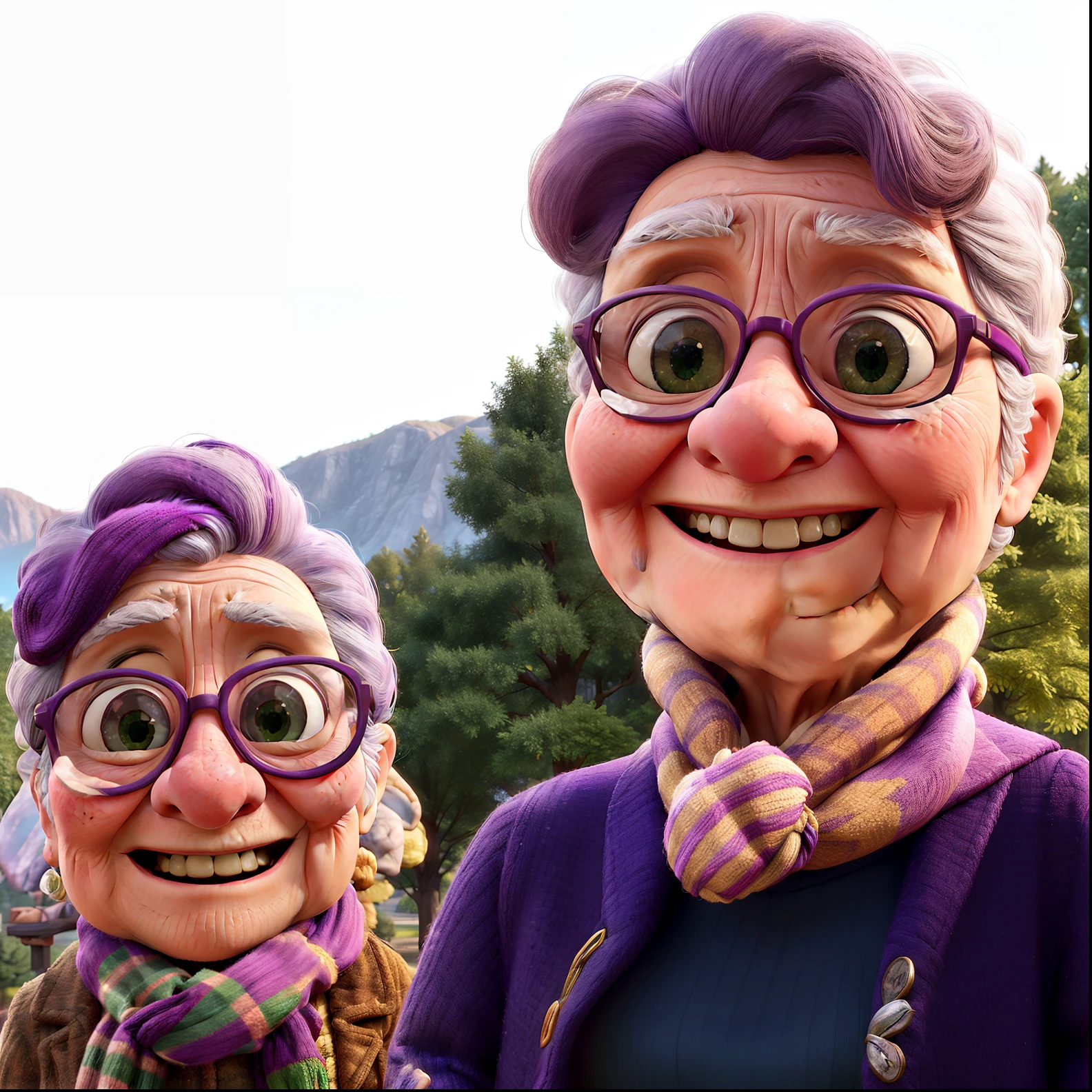 masterpiece, best quality, an old woman with glasses and a scarf on, wearing a purple coat and green scarf, standing at the park
