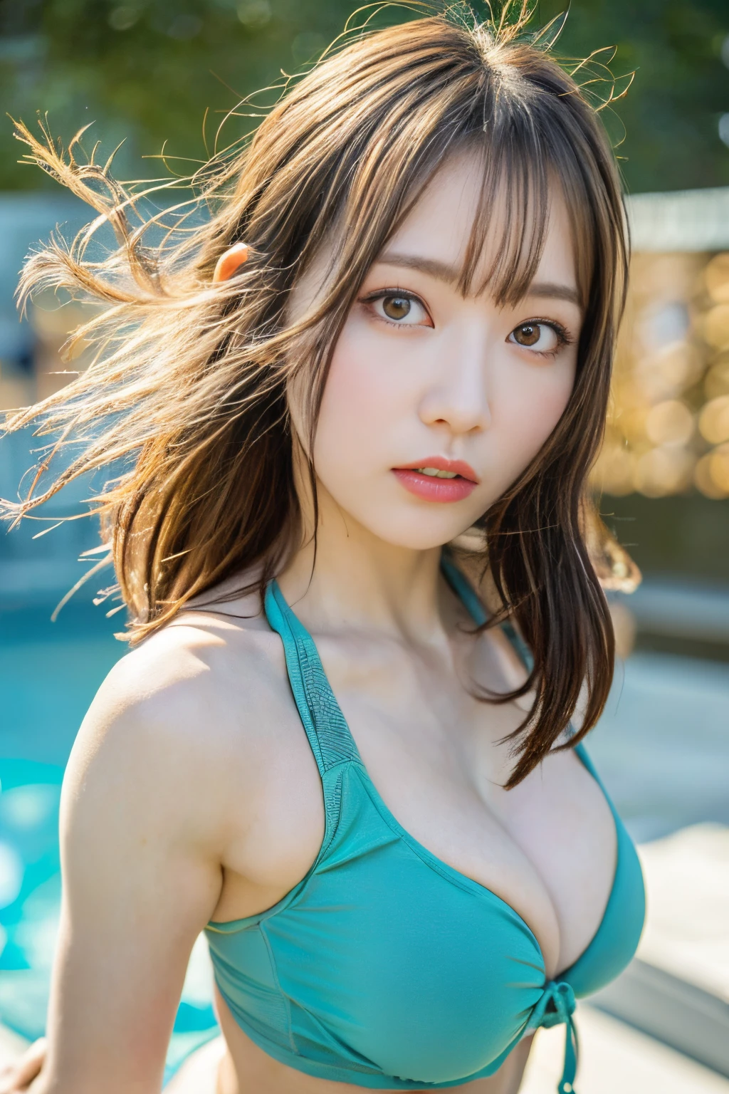 ((Best quality, 8k, Masterpiece :1.3)), 1girl, Pretty woman with emphasizing slender abs :1.3, Huge breasts :1.2, Alluring pose, Pool, Ultra-detailed face, Highly detailed lips, Detailed eyes, Double eyelid