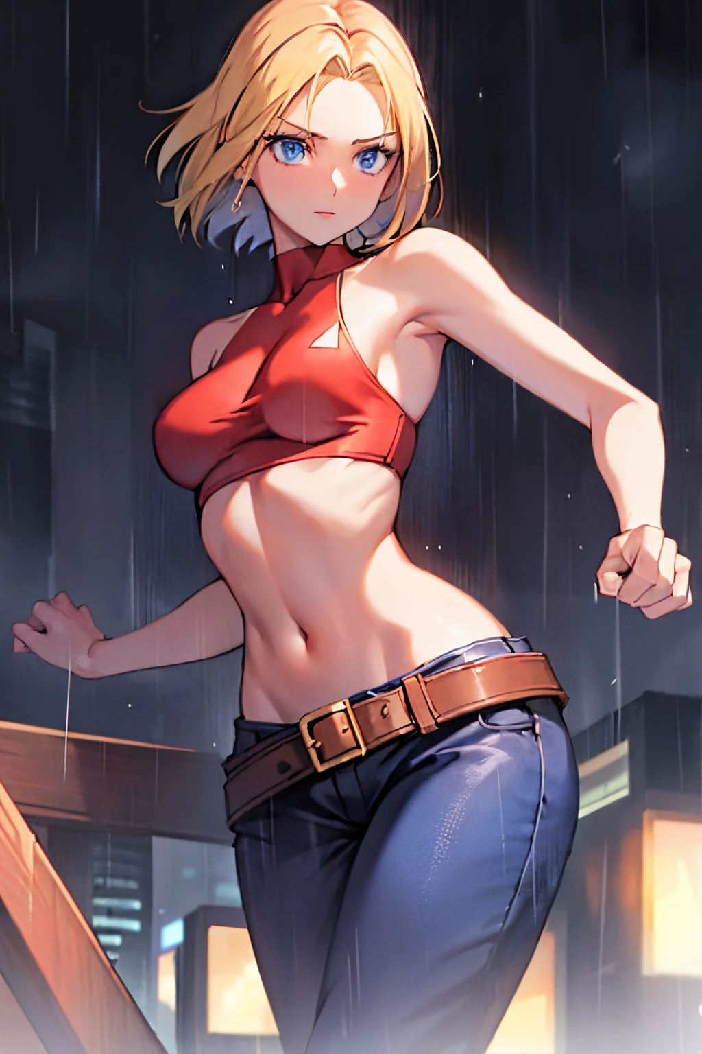 maryms, best quality, (beauty), masterpiece, 1 girl, render based on physics, ultra highres, narrow waist, thin, big eyes, long legs, (small breasts), swollen eyes, night, (rainy city), bright skin, facing the viewer, fighting posture, (close the fist), firm expression,