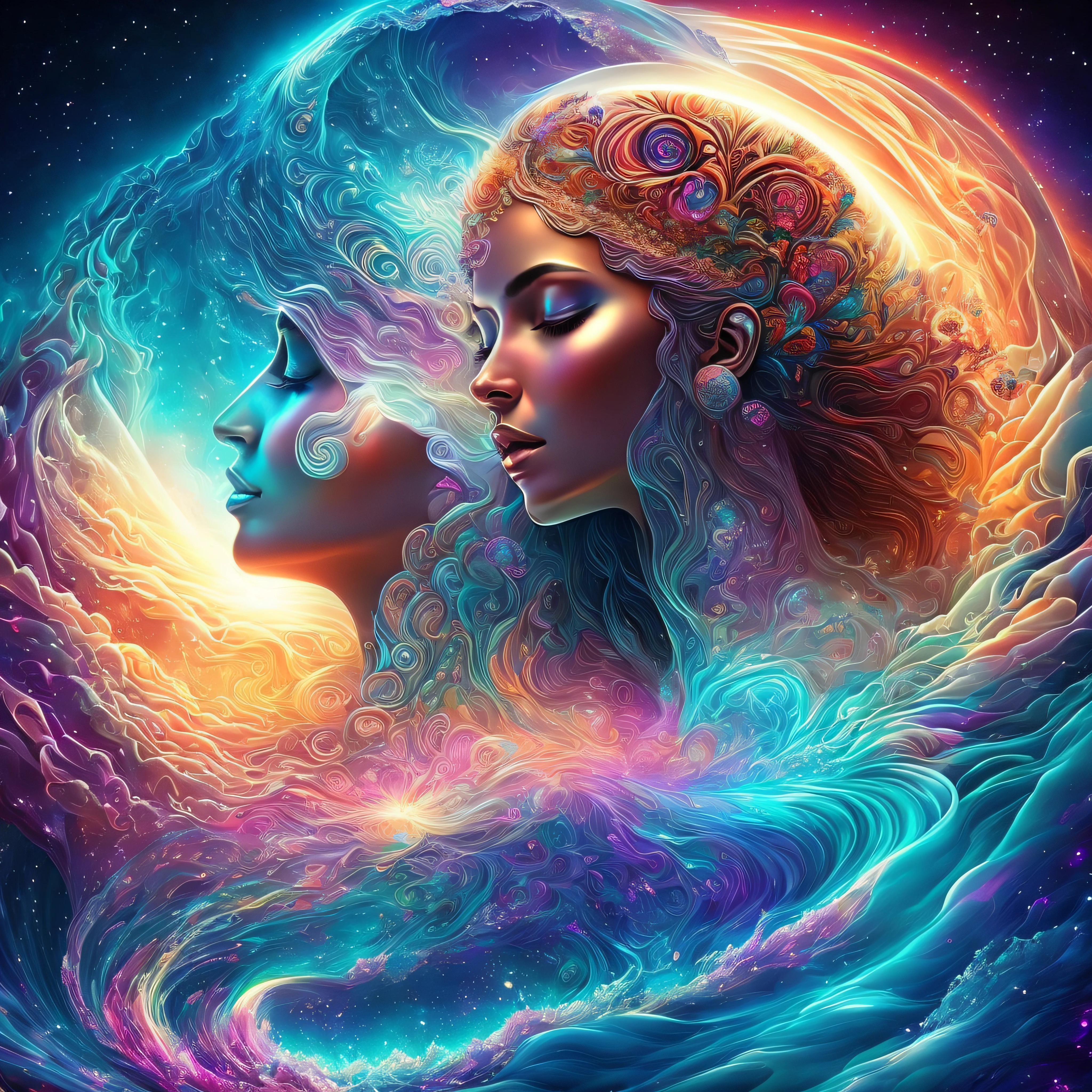 Plunge into the ether that flows with the eternal soul through the vibrations of love, Everything is connected, Flowing energy, spiritual, divine, Dreams, cosmic, concept-art, Blowing the Mind, Female beauty, god, Pineal gland, dreamlikeart