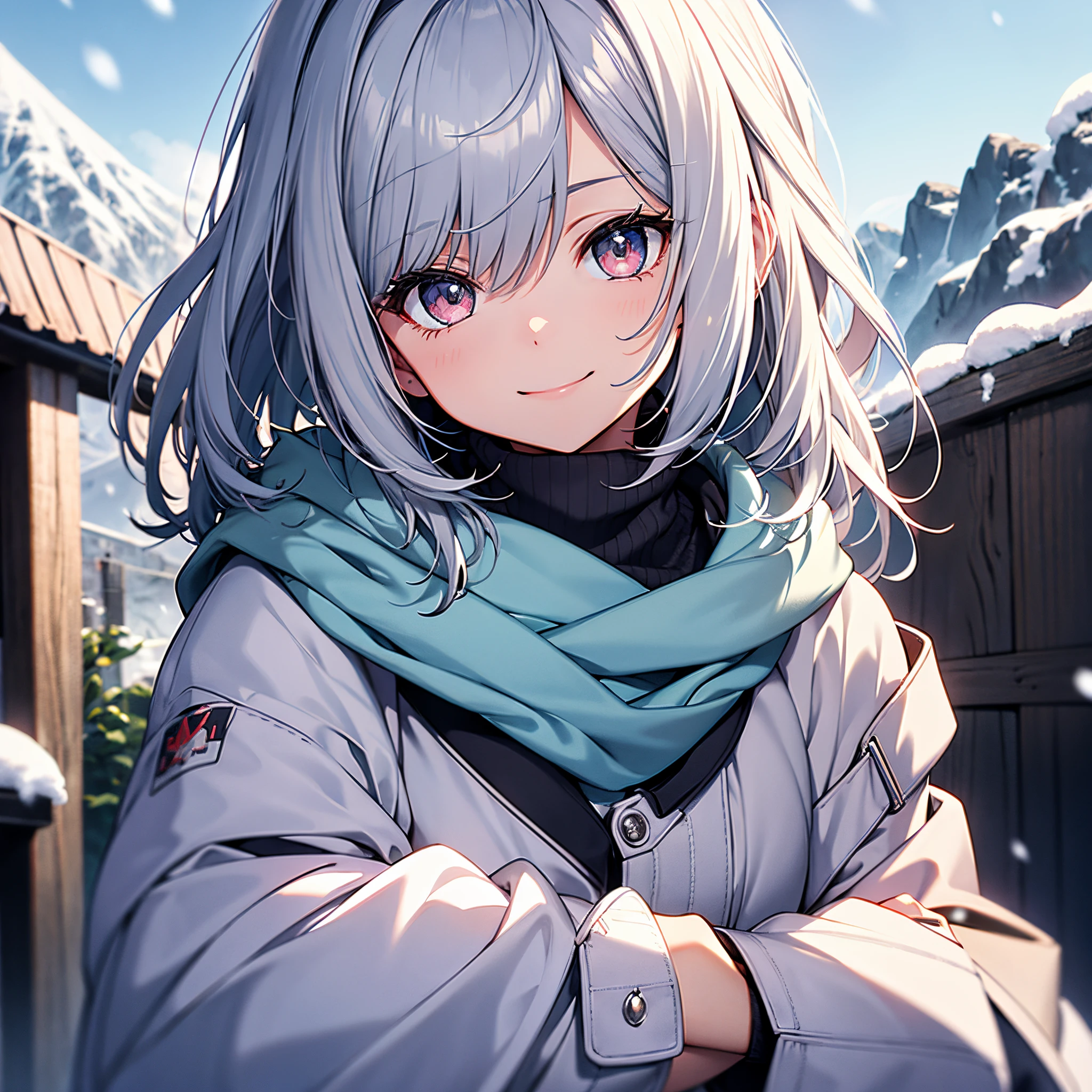 one girls、Silver Gray Hair、Ruby Eye、a short bob、Enlarged depiction of the upper body、masutepiece、超A high resolution、No background, Thin、Smile and signal、Smile with your mouth wide open、Cute smile、Detailed limb depiction、Light blue and pastel colored coat、 Beautiful snow mountain background、rainbow in the deep blue、Cross your arms in front of your chest、