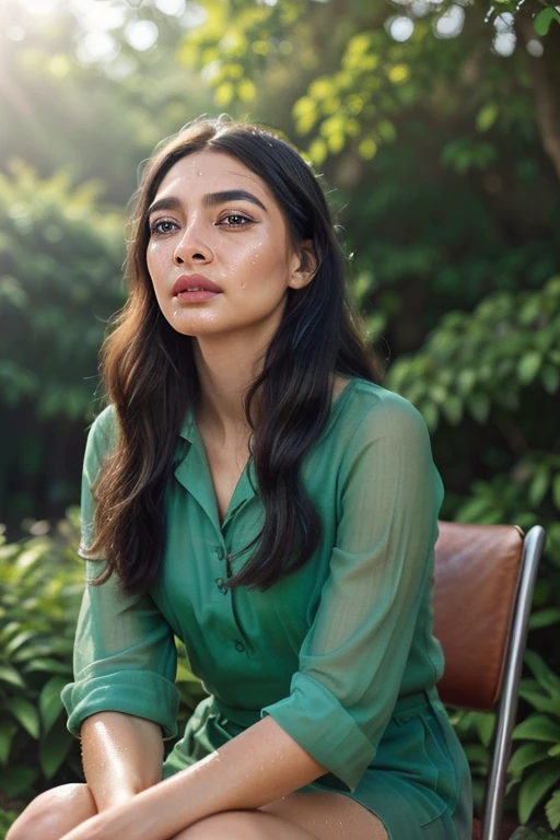 (best quality,realistic:1.2),ultra-detailed,(vibrant colors, rich colors),(beautiful detailed eyes, beautiful detailed lips),long eyelashes,(dewy skin, flawless skin),black hair,cascading locks,(elegant pose),(serene expression),sitting on a vintage chair,green garden background,soft sunlight