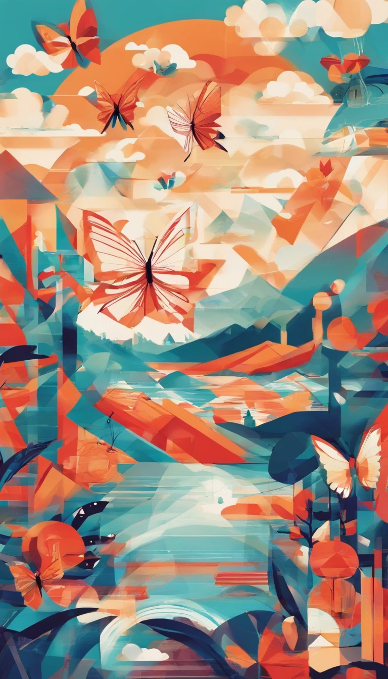 Beautiful energy art that gives power to those who see it。Landscape Images。butterflies dancing on the riverside。Fantastical。Dreamy。Fantasia。