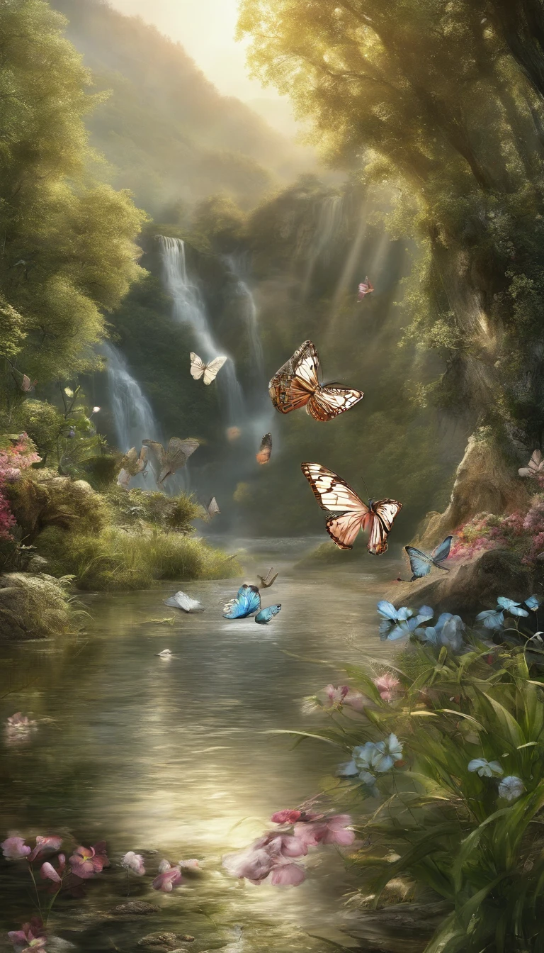 Beautiful energy art that gives power to those who see it。Landscape Images。butterflies dancing on the riverside。Fantastical。Dreamy。Fantasia。