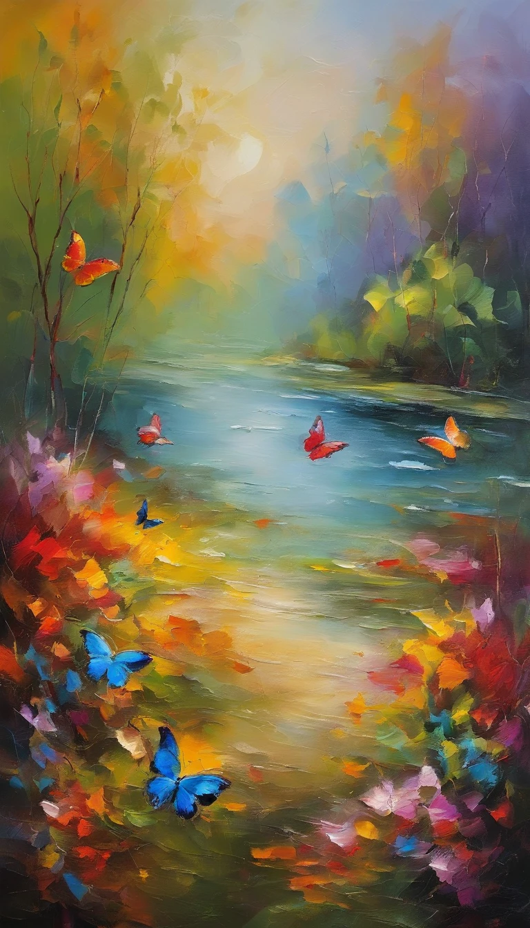 Beautiful energy art that gives power to those who see it。Landscape Images。butterflies dancing on the riverside。Fantastical。Dreamy。Fantasia。