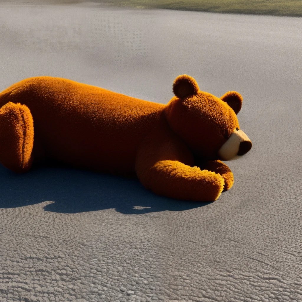 a brown, stuffed teddy bear lying on a dark wet gravel road with blood. bear has a red cyborg termiantor eye