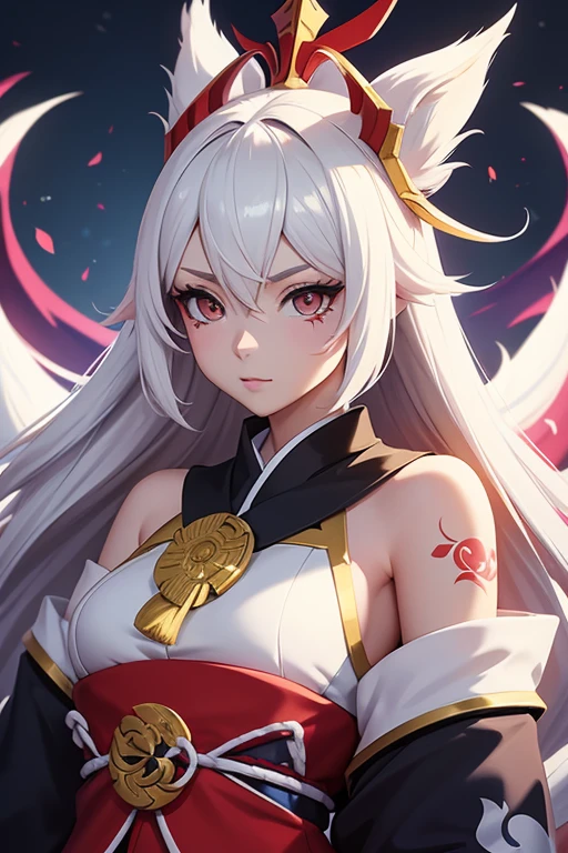 anime - imagen de estilo de una mujer con cabeza de cabra y una espada, Arte detallado de Onmyoji, Armadura inspirada en Kitsune, Retrato de Onmyoji, Chica de anime demonio, Deidad de pelo blanco, fanart detallado, Onmyoji, Personaje de anime; Arte de cuerpo completo, Arte detallado del anime digital, Anime Mujer Arte de cuerpo completo, con ojos rojos brillantes, tatuajes en el pecho, cara y cuerpo sexy