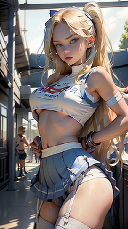 ((masterpiece, best quality,absurds)),supergirl( 1 woman,solo, long blonde hair, 21 years old,expressive blue eyes,huge breasts:1.3), cheerleader uniform (((mini sleeveless gym top, pleated mini skirt,white thong panties with garter, stocking))supergirl cosplay) , back straddling ass, college football stadium,other buildings blurred to the bottom of the picture, night