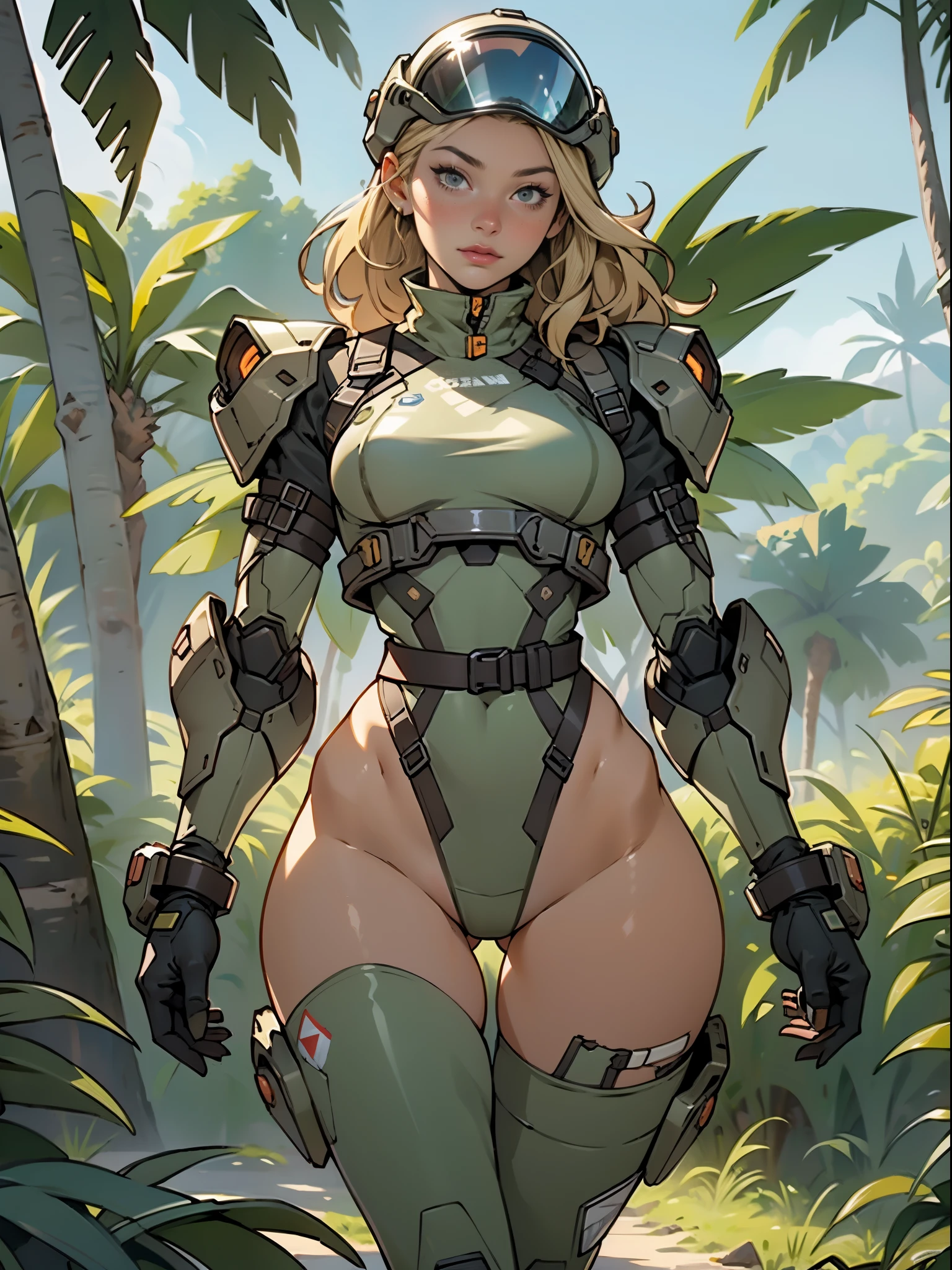 1woman 20 years old, sculpted, military, wearing a soldier helmet, beautiful, perfect body, realistic, blonde hair, perfect body, thin waist, full outfit, wide hips, large breasts, slim thighs, jungle background, armored vehicle, flying fighters, military robot dog, camouflaged uniform, wealth of details, tight panties marking on the front, head to toe, highly detailed, high resolution, prefect hands, thigh gap