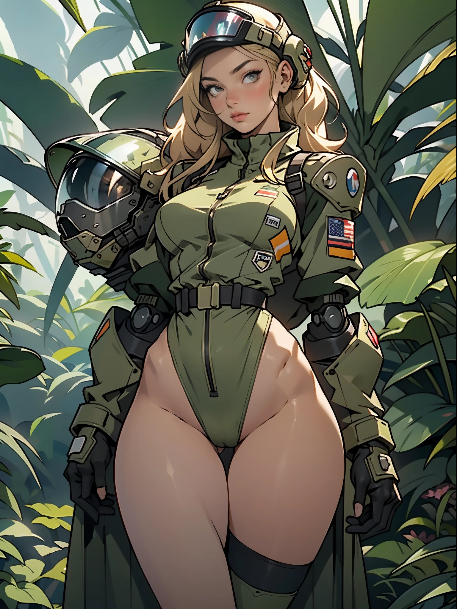 1woman 20 years old, sculpted, military, wearing a soldier helmet, beautiful, perfect body, realistic, blonde hair, perfect body, thin waist, full outfit, wide hips, large breasts, slim thighs, jungle background, armored vehicle, flying fighters, military robot dog, camouflaged uniform, wealth of details, tight panties marking on the front, head to toe, highly detailed, high resolution, prefect hands, thigh gap