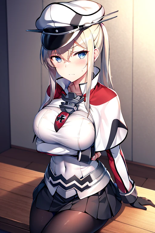 hight resolution, absurderes, High quality, 1girl in, Solo, Graf Zeppelin /(kancolle/), grey  eyes, Huge breasts, ((masutepiece, Best Quality,distinct image)), 1girl in, Solo, Lust, 8K, hard disk, (Portrait:1.2), Blonde hair, Twin-tailed, Long hair, side locks, hair between eye, Large breasts, Capelet, Blue eyes, peaked cap, neck tie, Miniskirt, Iron Cross, Black Gloves, Long sleeves, Military uniform, military hat, Black pantyhose, Pleated skirt, grey  eyes, Black skirt, Jacket, ((hands tied behind)), ((arms behind back)), prison, Exquisite details and textures, Dusty air, 1girl in, Detailed face, Solo, Looking at Viewer, Cowboy Shot, wariza, Sitting on the floor, Painful, (Close one eye), ((scowl)), Clenching teeth, Shy, blush, Sweat, Ultra Detail, Thighs together, Concrete floors, Concrete walls, in a basement, underground room, Indoors, Surreal, Insanely detailed, Detailed face, extremely detailed texture, (Shiny hair:1.05), (Shiny skin:0.97), (Big eyes:0.95),