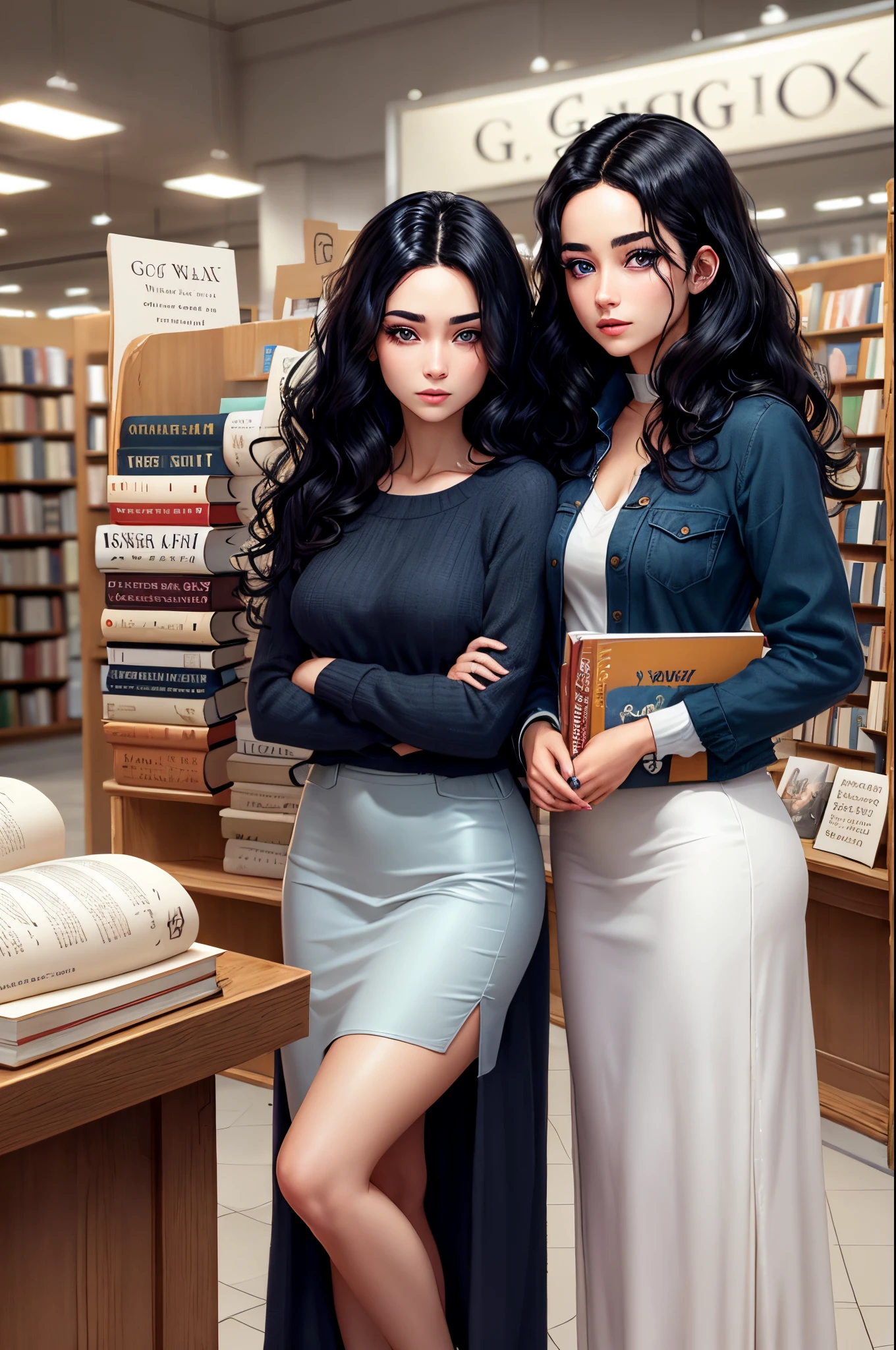 A woman with wavy black hair and dark blue eyes, almost purple, with white skin in a bookstore with tog and tog books in her hand