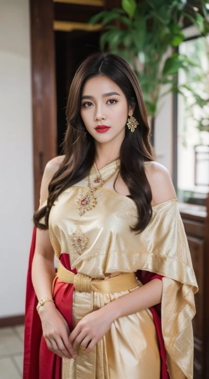 Detailed faces, Clear Face, beautiful girl, (((See the whole body))), Asian makeup, Red lips, brunette hair, very long hair, Extra long hair, Medium body, Big breasts, super large breasts,(((emphasis on breasts))), Thai angel costume, antique, Traditional Thai costume, HD, fuul body, The belly is visible., Evening Light, Flower Garden Background.Show right shoulder, left shawl, Look straight ahead..