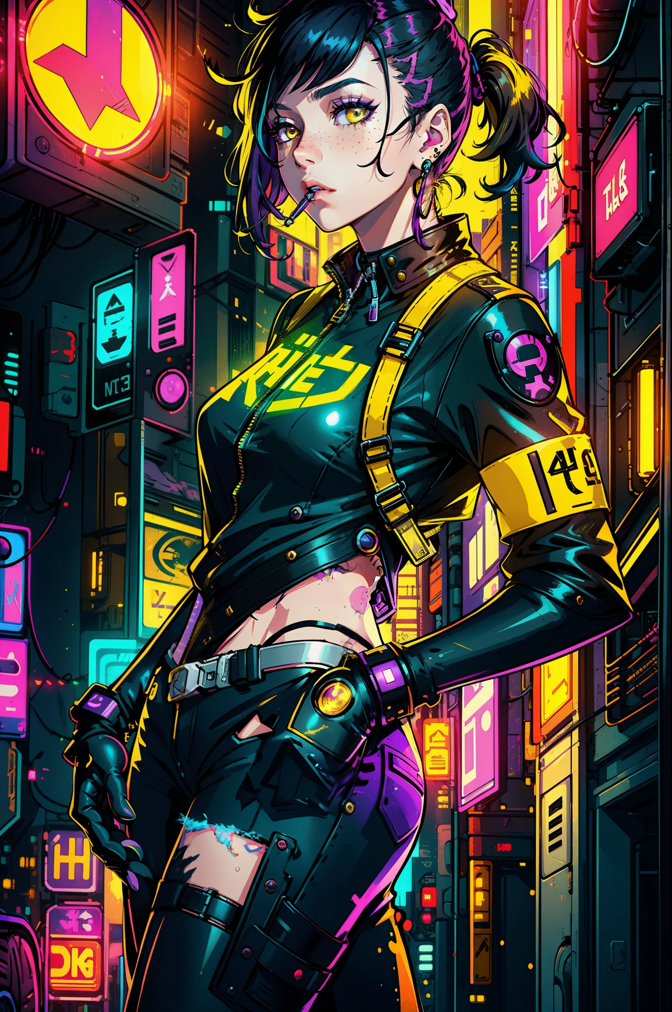 1girl,solo,colorful,yellow eyes,cyberpunk,city,peace sign,earrings,purple hair,eye patche,freckles,prothesis,mechanic,neon,beautiful lighting,purple reflection,cap,smoking,character focus,cg illustration,bust shot,yellow and black outfit,black hair,