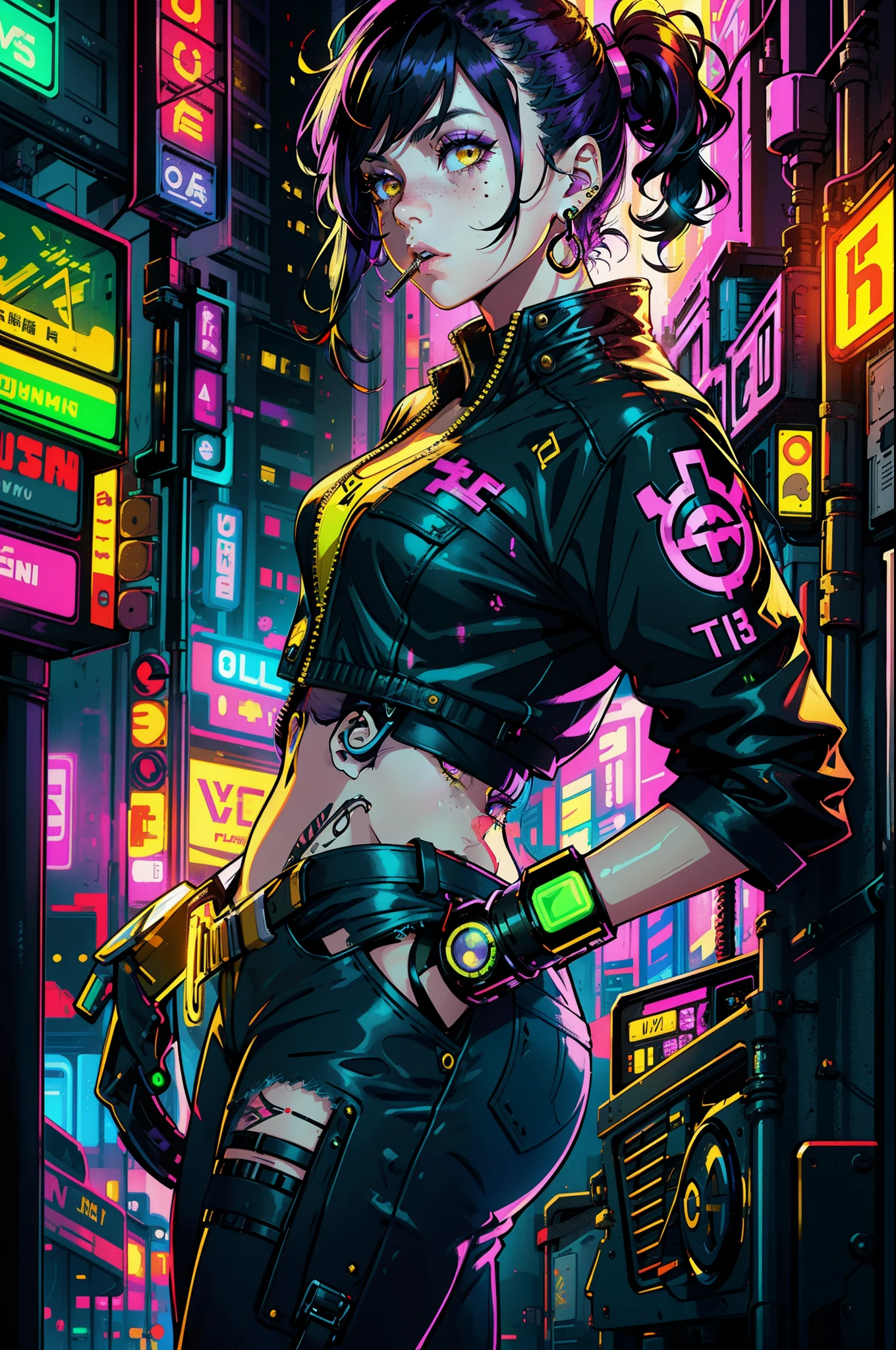 1boy,solo,colorful,yellow eyes,cyberpunk,city,peace sign,earrings,purple hair,eye patche,freckles,prothesis,mechanic,neon,beautiful lighting,purple reflection,cap,smoking,character focus,cg illustration,bust shot,yellow and black outfit,brown hair, tomboy, makeup , full body , long boots , heels, gatner belt, short top, sockings, model pose, gloves, light clothes, wet clothes, transparent clothes