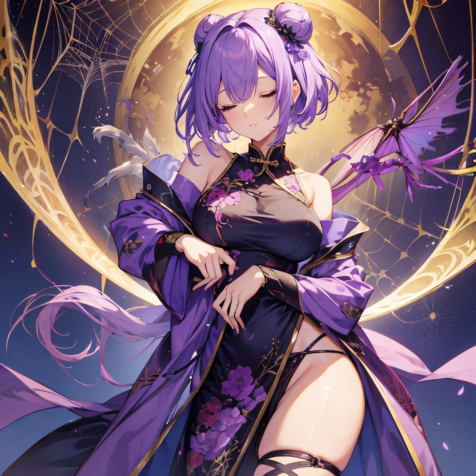Tall girl,lilac skin,Spider Queen,half spider half human,With his eyes closed,medium boob,long leges,Willow waist,Wide hips,Smooth skin,High-forked cheongsam,Cobwebs lace,Chinese costumes,Spider pattern,Short hair details,Bun head,Purple colored hair,Cute big breasts,Very charming,Cobwebs in the background。