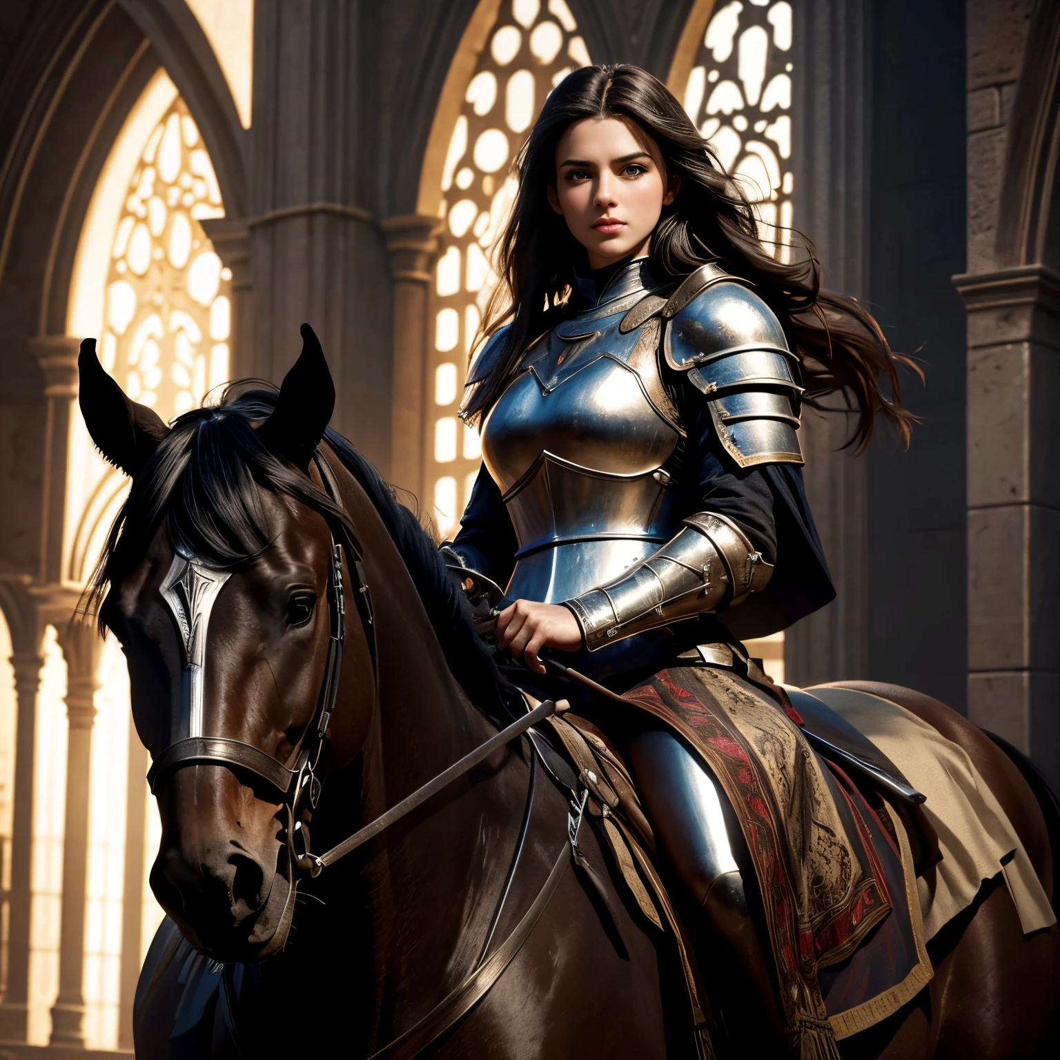 beautiful perfect female knight on horseback, medieval castle in background, high contrast shadows, cinematic lighting, close up shot, imposing pose, glow, bokeh, Best Picture Quality, Masterpiece Level, Ultra High Resolution, Face and Eye Detail, Improve Face Detail Realism