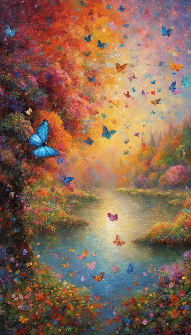 Beautiful energy art that gives power to those who see it。Landscape Images。butterflies dancing on the riverside。Fantastical。Dreamy。Fantasia。