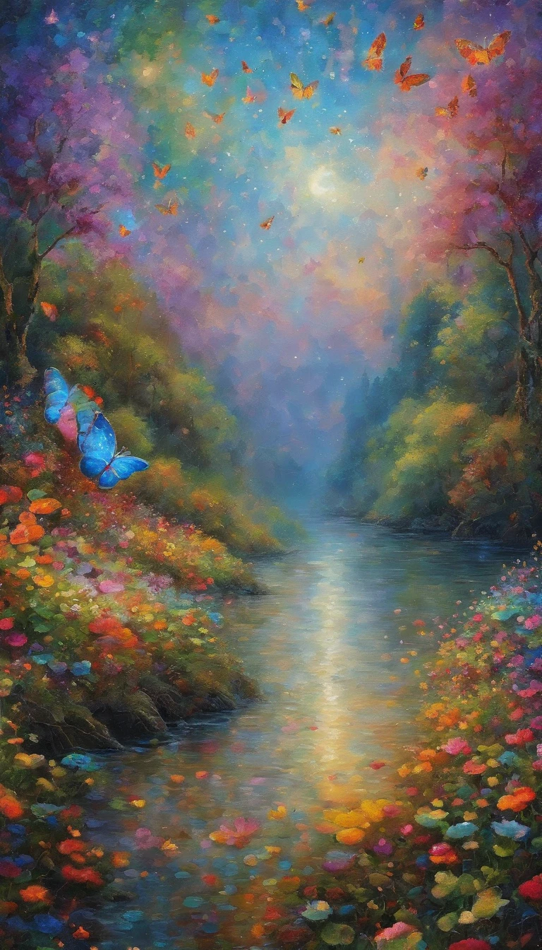 Beautiful energy art that gives power to those who see it。Landscape Images。butterflies dancing on the riverside。Fantastical。Dreamy。Fantasia。
