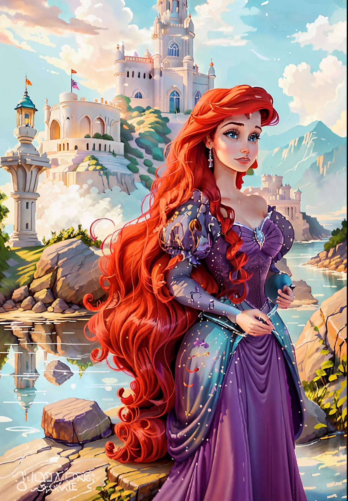 a painting of a woman in a purple dress standing on rocks, princess ariel, portrait of megara, shallan davar, beautiful character painting, megara, photorealistic disney, art in the style of disney, ariel the little mermaid, in style of anne stokes, portrait of princess merida, fantasy art style, disney art style, realistic fantasy illustration