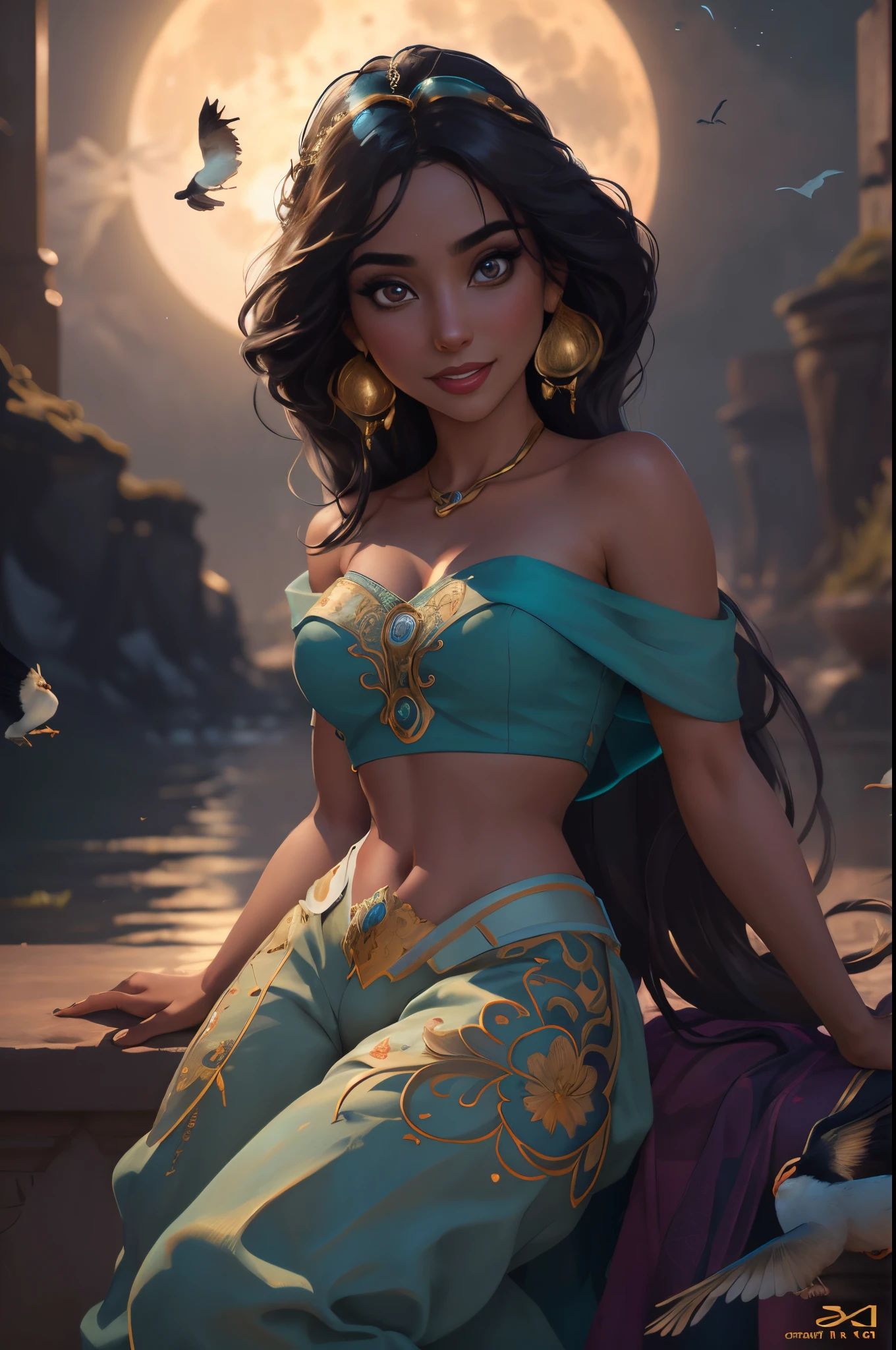 jasmine  1girl, solo, looking at viewer, smile, shirt, bare shoulders, jewelry, sitting, full body, flower, earrings, pants, off shoulder, crop top, makeup, bird, border, moon, full moon, off-shoulder shirt (realistic:1.2), (realism), (masterpiece:1.2), (best quality), (ultra detailed), (8k, 4k, intricate),(full-body-shot:1), (85mm),light particles, lighting, (highly detailed:1.2),(detailed face:1.2), (gradients), sfw, colorful,(detailed eyes:1.2)(detailed background),detailed landscape, (dynamic angle:1.2), (dynamic pose:1.2), (rule of third_composition:1.3), (Line of action:1.2)