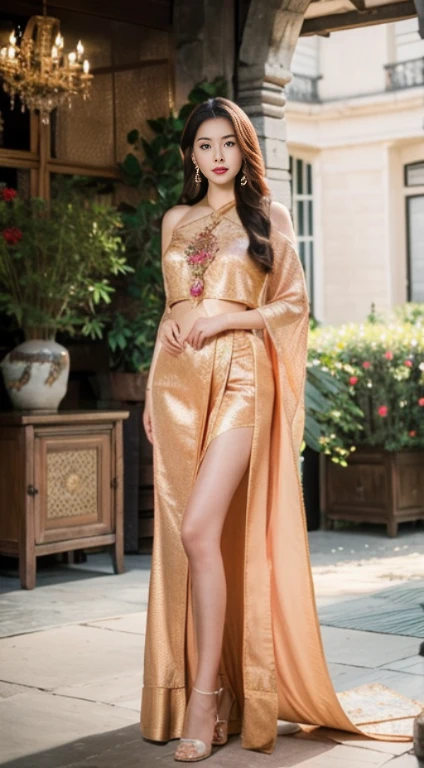 Detailed faces, Clear Face, beautiful girl, (((See the whole body., Long slender legs.))), Asian makeup, Red lips, brunette hair, very long hair, Extra long hair, Hair is floor-lengthened., Medium body, Big breasts, super large breasts,(((emphasis on breasts))), Thai angel costume, antique, Traditional Thai costumes, HD, body full , The stomach was visible.., I see beautiful legs., Toes digging into the floor, Evening Light, Flower Garden Background, Look straight ahead...