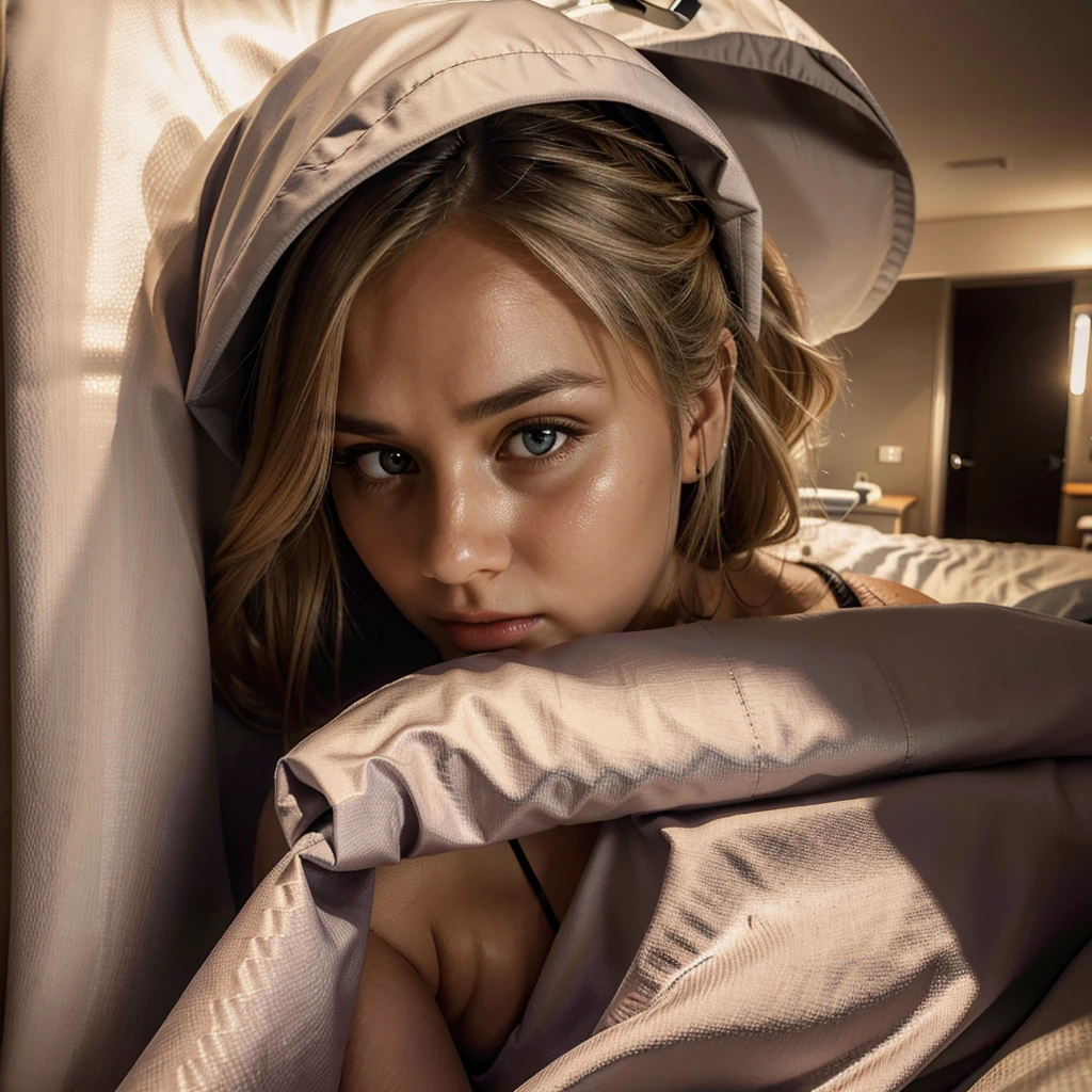 Hospital back ground , hospital bed ,sad looking , selfie laying in the bed with a blanket, blonde hot girl , beautiful brown eyes , hairs tie, tears in face ,selfie in the bed, beautiful face , holding a sheets with the name Alexa on it, dark light , darks