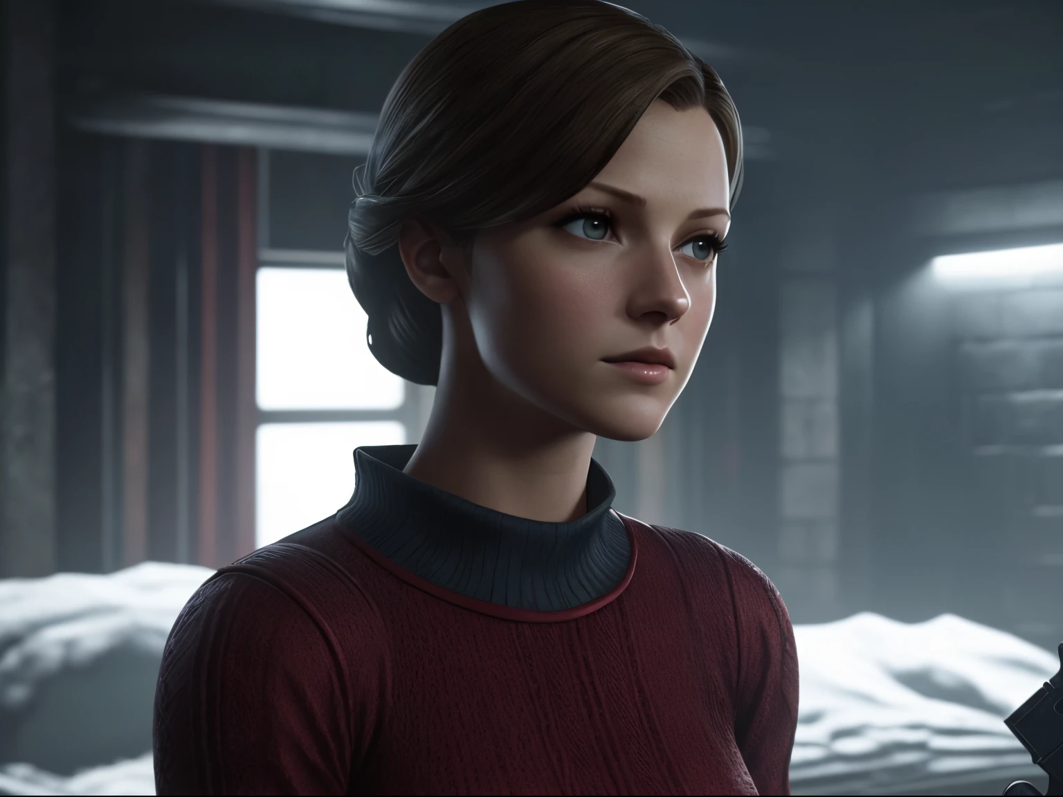 a woman in a snow white sweater holding a gun in a dark room, fundo do jogo resident evil3, melissa benoist Glamorosa, Captura de tela do videogame de 2023, cutscene de videogame, ps5 cinematic screen capture, Jogo CG, Cutscene CGI, 8k portrait render, assassino rouge feminino, video game character, melissa benoist, Resident Evil, (seios pequeno menor), cabelo curto chanel sexy, magra de corpo inteiro