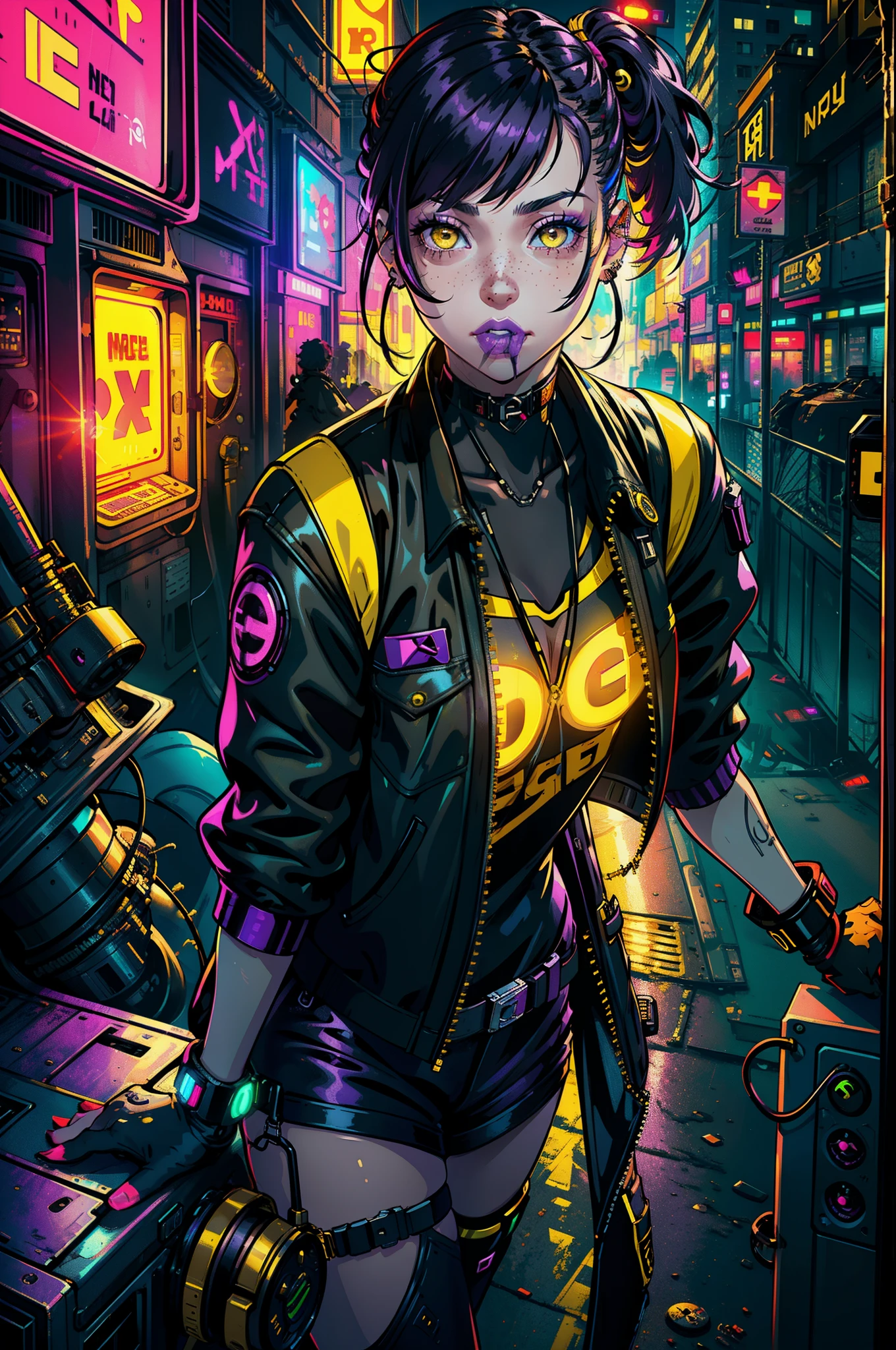 1girl,solo,colorful,yellow eyes,cyberpunk,city,peace sign,earrings,purple hair,eye patche,freckles,prothesis,mechanic,neon,beautiful lighting,purple reflection,cap,smoking,character focus,cg illustration,bust shot,yellow and black outfit,black hair,