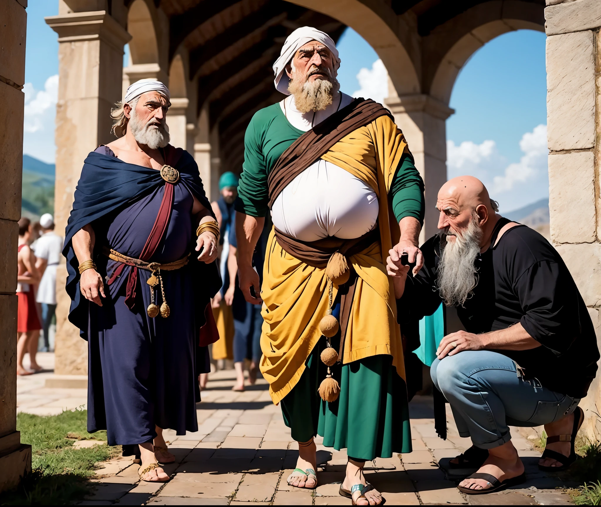 um homem velho e gordo vestido com roupas de antigo israelense, fallen at the entrance of an ancient city of Israel with a crowd of people around him