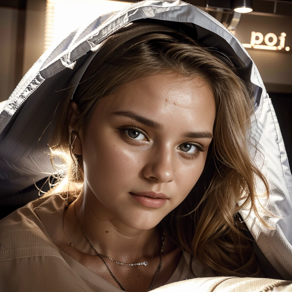 Hospital back ground , hospital bed ,sad looking , selfie laying in the bed with a blanket, blonde hot girl , beautiful brown eyes , hairs tie, tears in face ,selfie in the bed, beautiful face , holding a sheets with the name Alexa on it, dark light , darks, hospital bed and back , look old