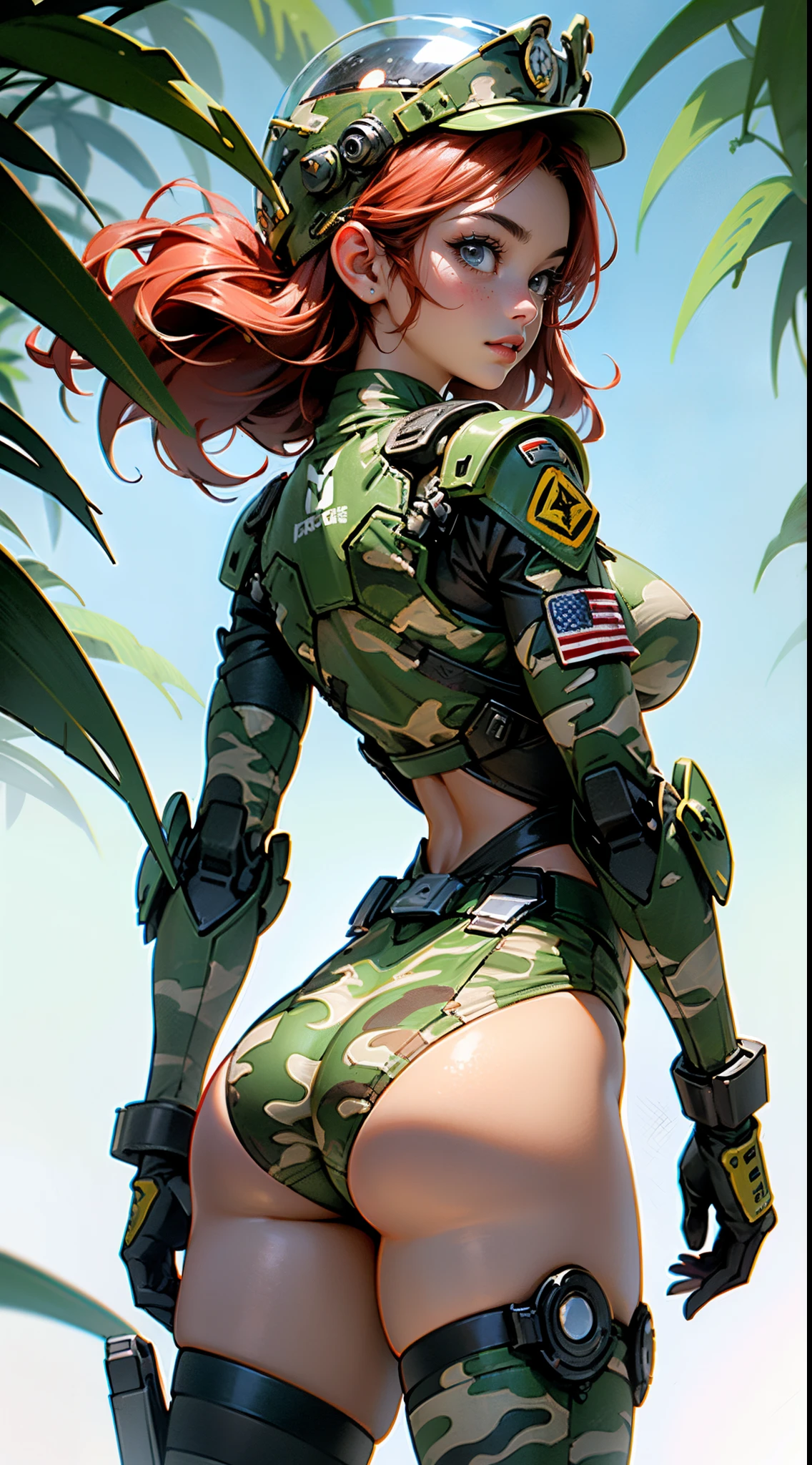rear view, backside view,1woman 20 years old, max resolution, crisp lines, sculpted,gris military, wearing a soldier helmet, beautiful,( perfect body:1.4), red hair, perfect body, thin waist, wide hips, large breasts, slim thighs, jungle background, armored vehicle, flying fighters, military robot dog, (gris camouflaged uniform:1.4), tight panties, head to toe, highly detailed, high resolution, perfect hands, rear view, backside, camo, turning around to see the viewer,,More detailed 8K.motor irreal:1.4,UHD,La mejor calidad:1.4, fotorrealista:1.4, textura de la piel:1.4, obra maestra:1.8,obra-prima, mejor calidad,objeto Objeto], (detailed face features:1.3),manos detailed,Ultra-detallado,