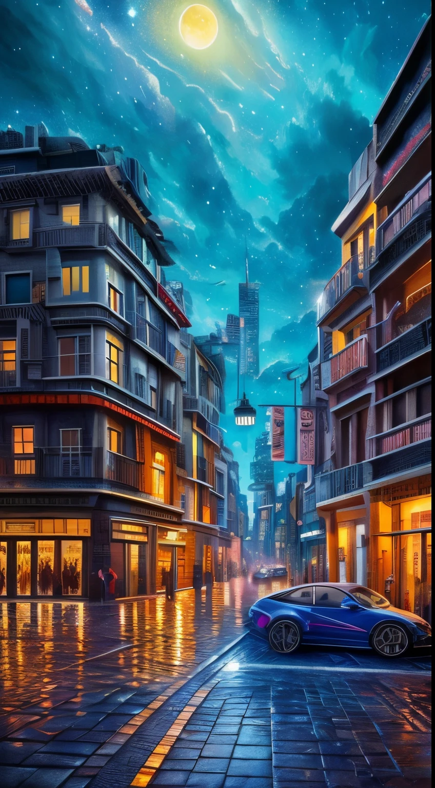 high quality, 8K Ultra HD, highly detailed, Abstraction, Oil, Sketch, Big city landscape made of starry sky, Cubism, Brush, Palette, Pigment, Stroke, Contrast, Depth, Creativity, Imagination, Fantastic Reality, Amazing, Magical environment, Ceramic, Cerulean, Vermilion, Impasto, Glaze, Grayscale, Fauvism, Renaissance, luminism, 3d render, octane render, Isometric, by yukisakura, awesome full color.