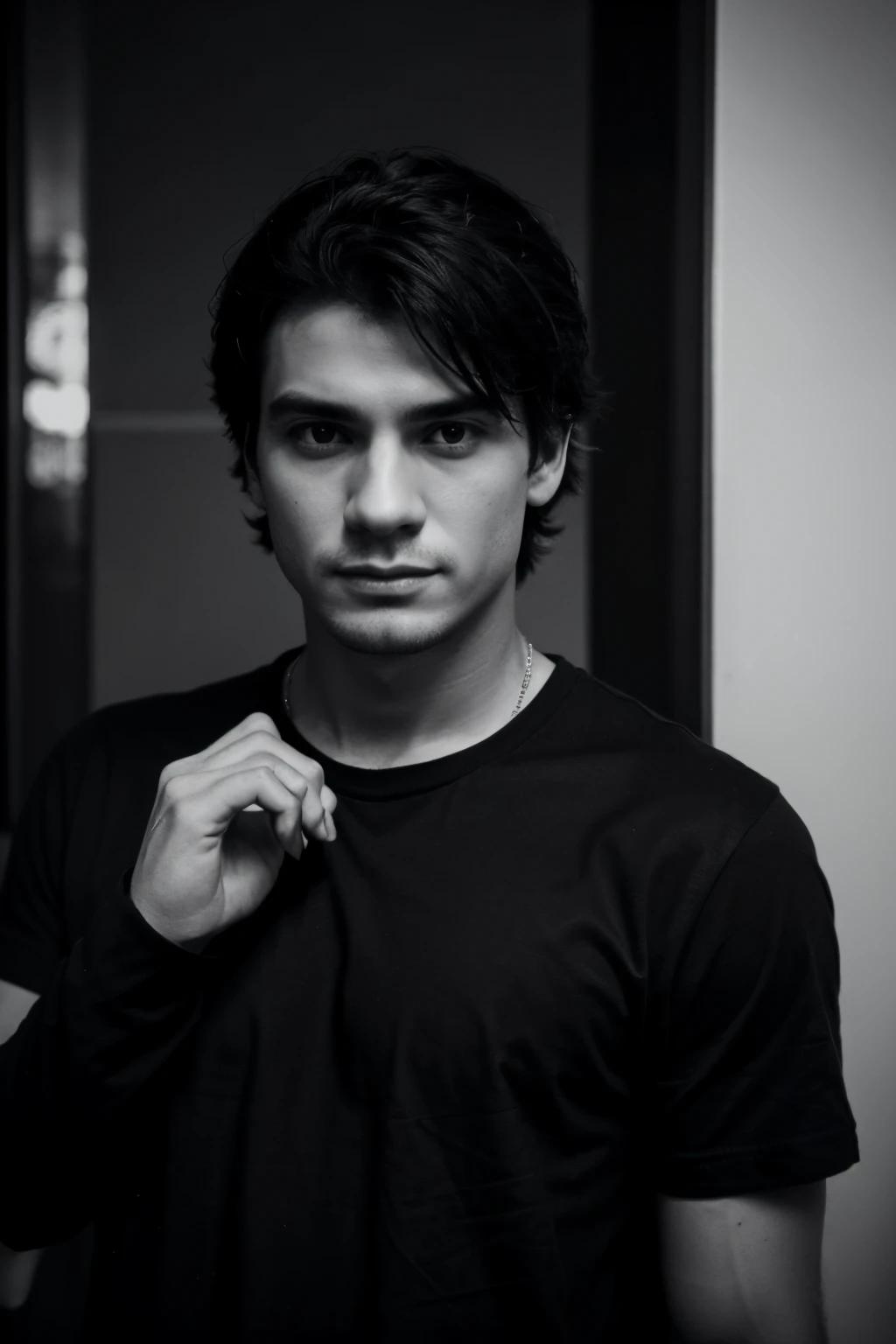 Man with black shirt and black t-shirt, black and white photo, text "MDJ GRAVACOES"