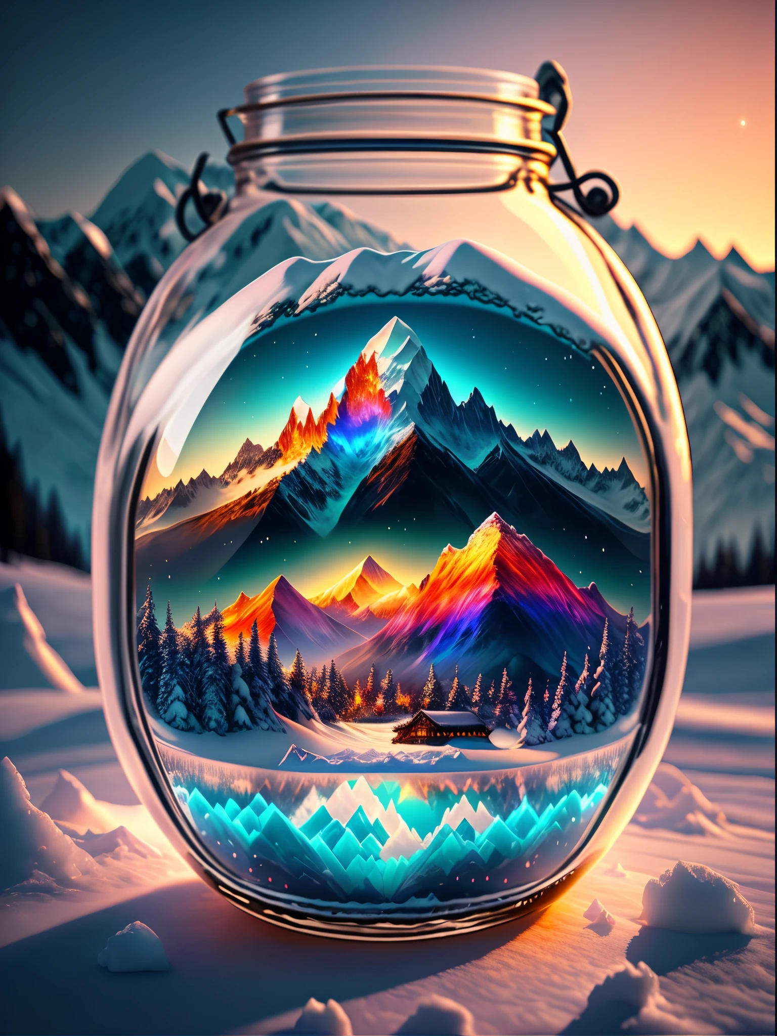 The entire Alps in a glass jar,ultra real photo,ultra - detailed,dramatic lights,4K,Colorful environment