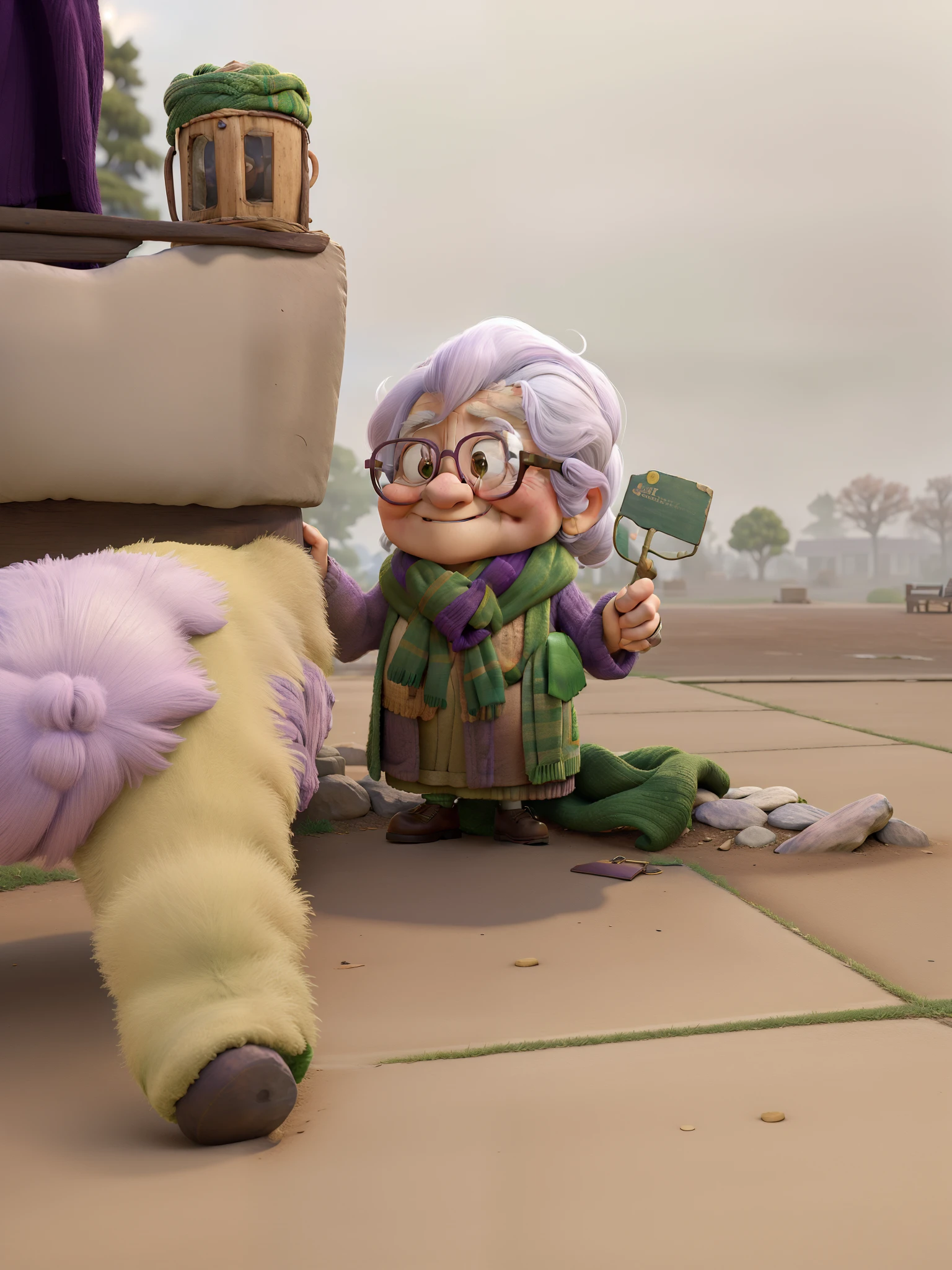 masterpiece, best quality, an old woman with glasses and a scarf on, wearing a purple coat and green scarf, standing at the park