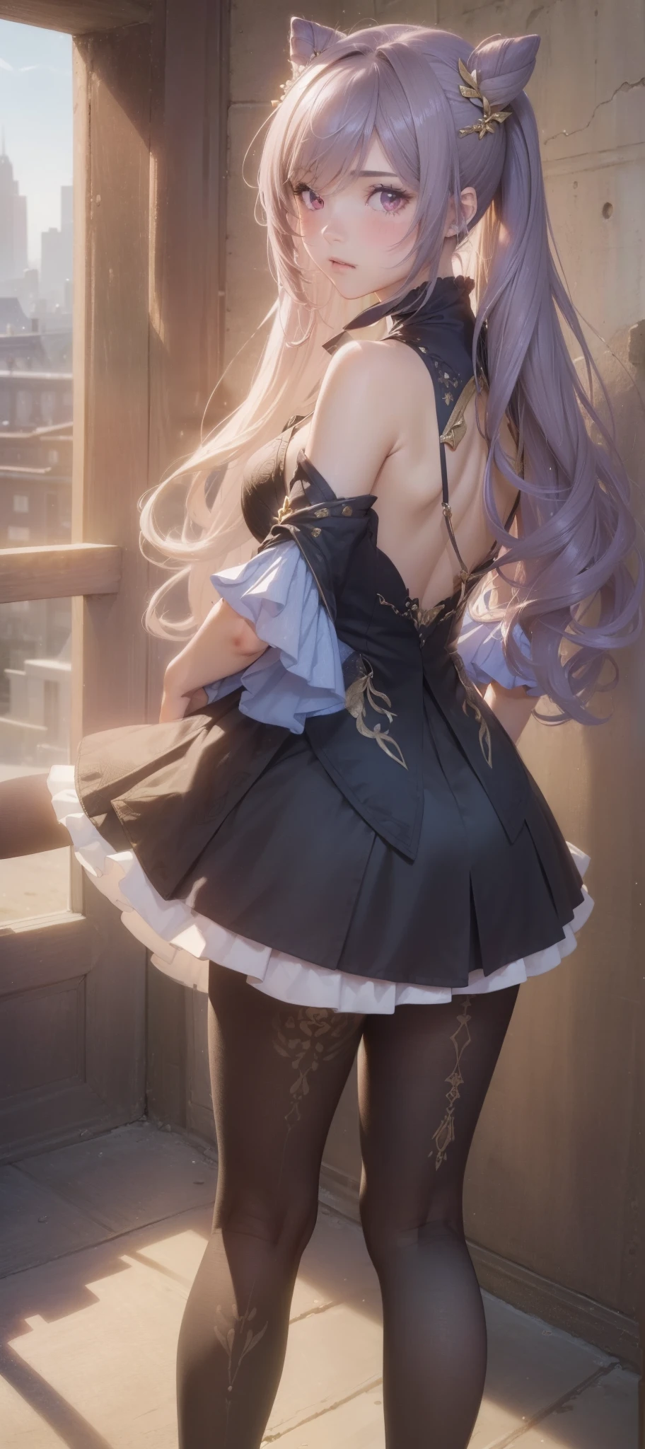 A woman is standing on the floor wearing a gothic lolita dress, alone, panties, underwear, skirt, (shiny dark purple satin panties:1.3)、panties that cover the butt、garter belt, Liar, Thighhighs, skirt lift, think back, realistic，cute anime girl，Ideal Style，open leg，focus on butt，crawl on all fours，Highest image quality，Turn around with a serious face，long silver twintails，Lace see-through fabric，(butt crack:1.7) , (pussy juice:1.4)