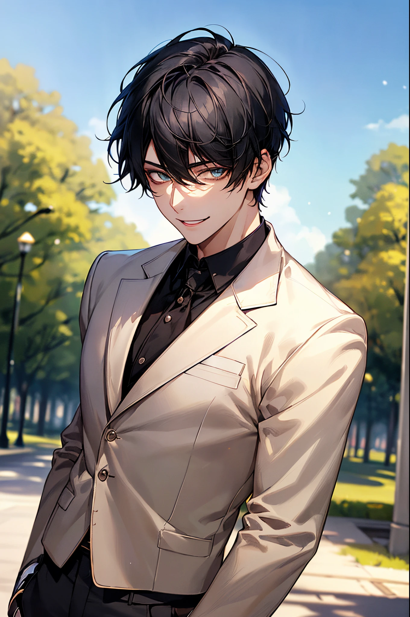 1 male, Face Focus, Young men, Short black hair, Looking at your phone, A smile, Blazer Uniform, tiese, trouser, Heavenly sky background, beautidful eyes, best qualtiy, facial detailing, a park, Strong sunlight, back lighting, Background of details, Background bokeh, masterpiece, best quality, high quality, ultra detailed