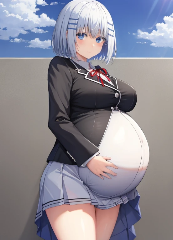 schl1, En pie, parte superior del cuerpo, fondo simple, Al aire libre, cielo, tierra, pechos grandes, belly,(belly), (pregnant:1.4)