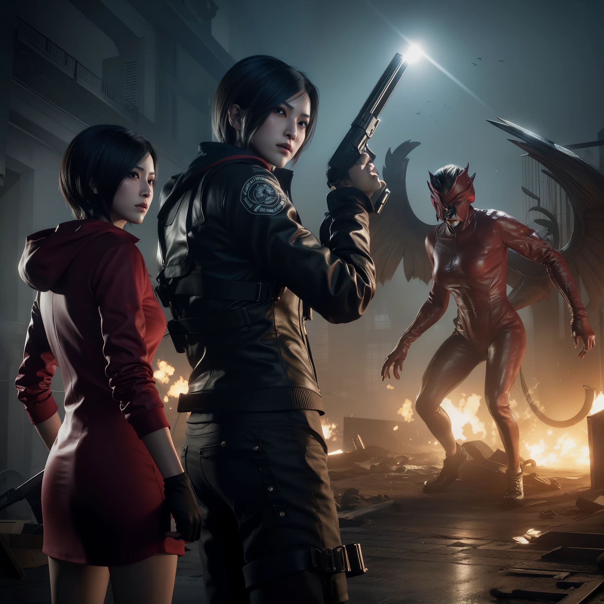 Ada wong ,Woman, wearing red hoody dress, bob hair, red polish, glazed expression, glare, Look the other way