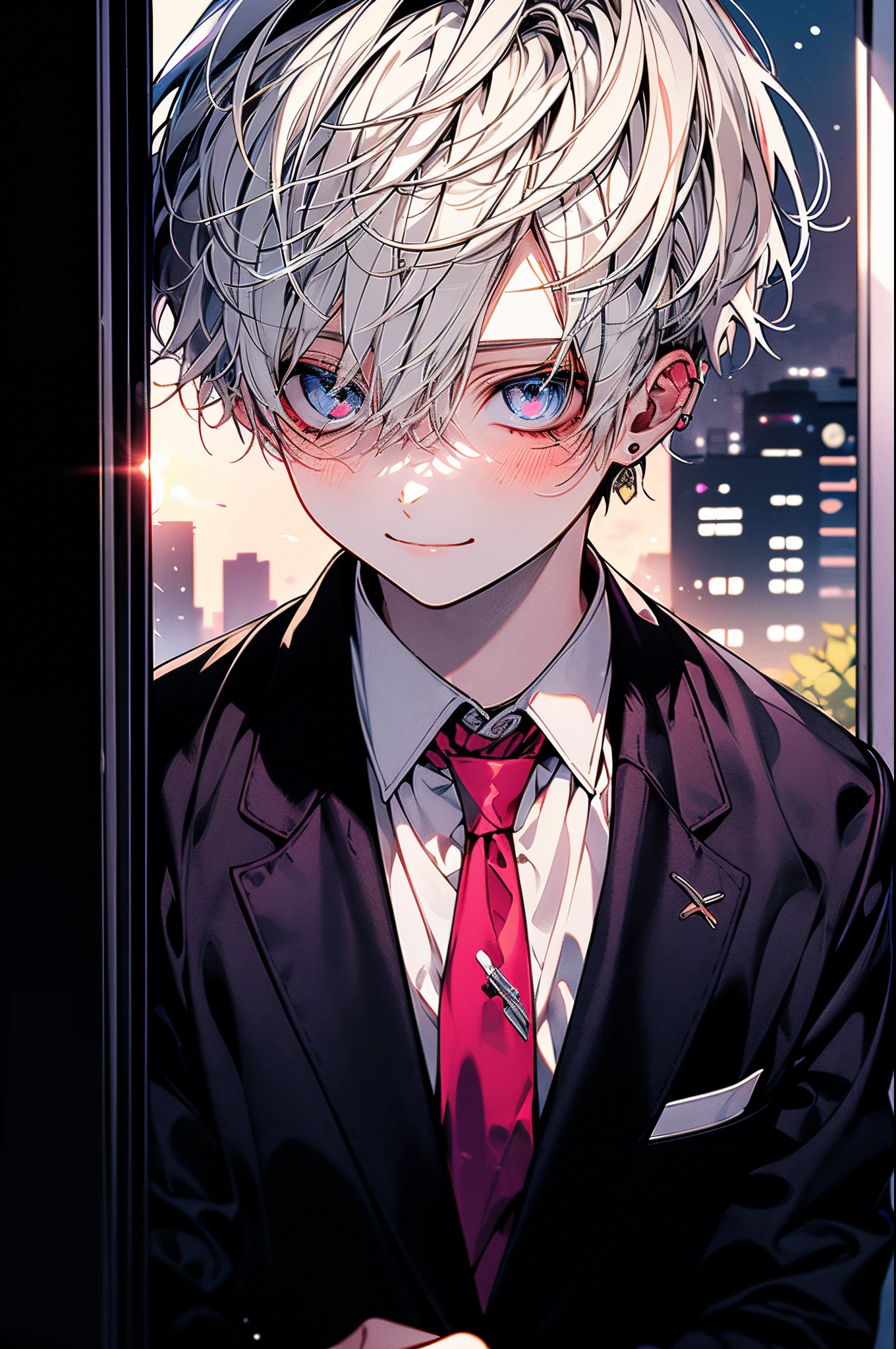 1kpop boy with tatoos, thin body, white hair, cute smile, fade cut hair, business suit, jacket, white shirt, necktie, pants, best quality, hires, detailed face, office, buildings from window, detailed background, diffused sunlight, depth of field, bokeh, photographic shot