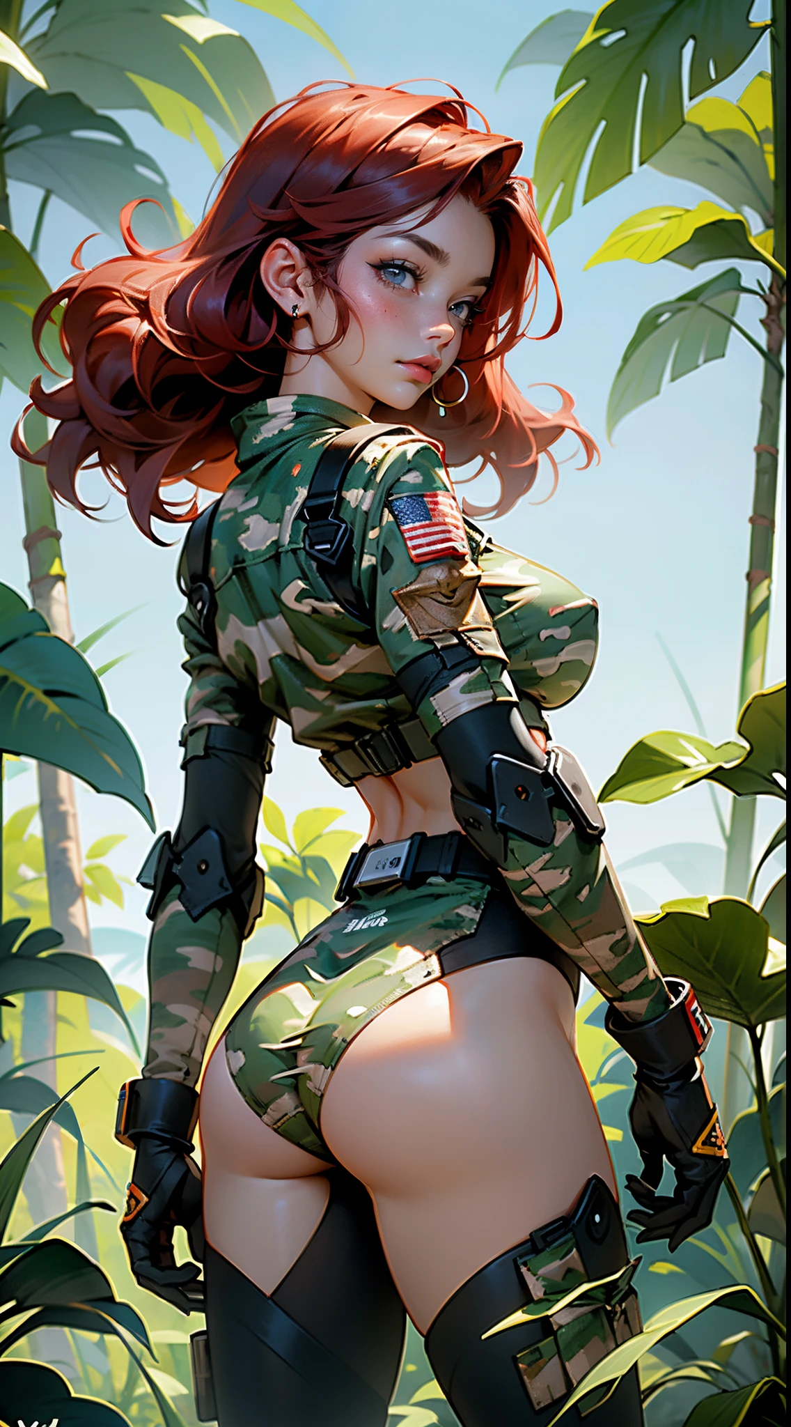 rear view, backside view,1woman 20 years old, max resolution, crisp lines, sculpted,gris military, wearing a soldier helmet, beautiful,( perfect body:1.4), red hair, perfect body, thin waist, wide hips, large breasts, slim thighs, jungle background, armored vehicle, flying fighters, military robot dog, (gris camouflaged uniform:1.4), tight panties, head to toe, highly detailed, high resolution, perfect hands, rear view, backside, camo, turning around to see the viewer,,More detailed 8K.motor irreal:1.4,UHD,La mejor calidad:1.4, fotorrealista:1.4, textura de la piel:1.4, obra maestra:1.8,obra-prima, mejor calidad,objeto Objeto], (detailed face features:1.3),manos detailed,Ultra-detallado,ojos detailed, (fondo selva hojas grandes:1.4),giant trees with moss,